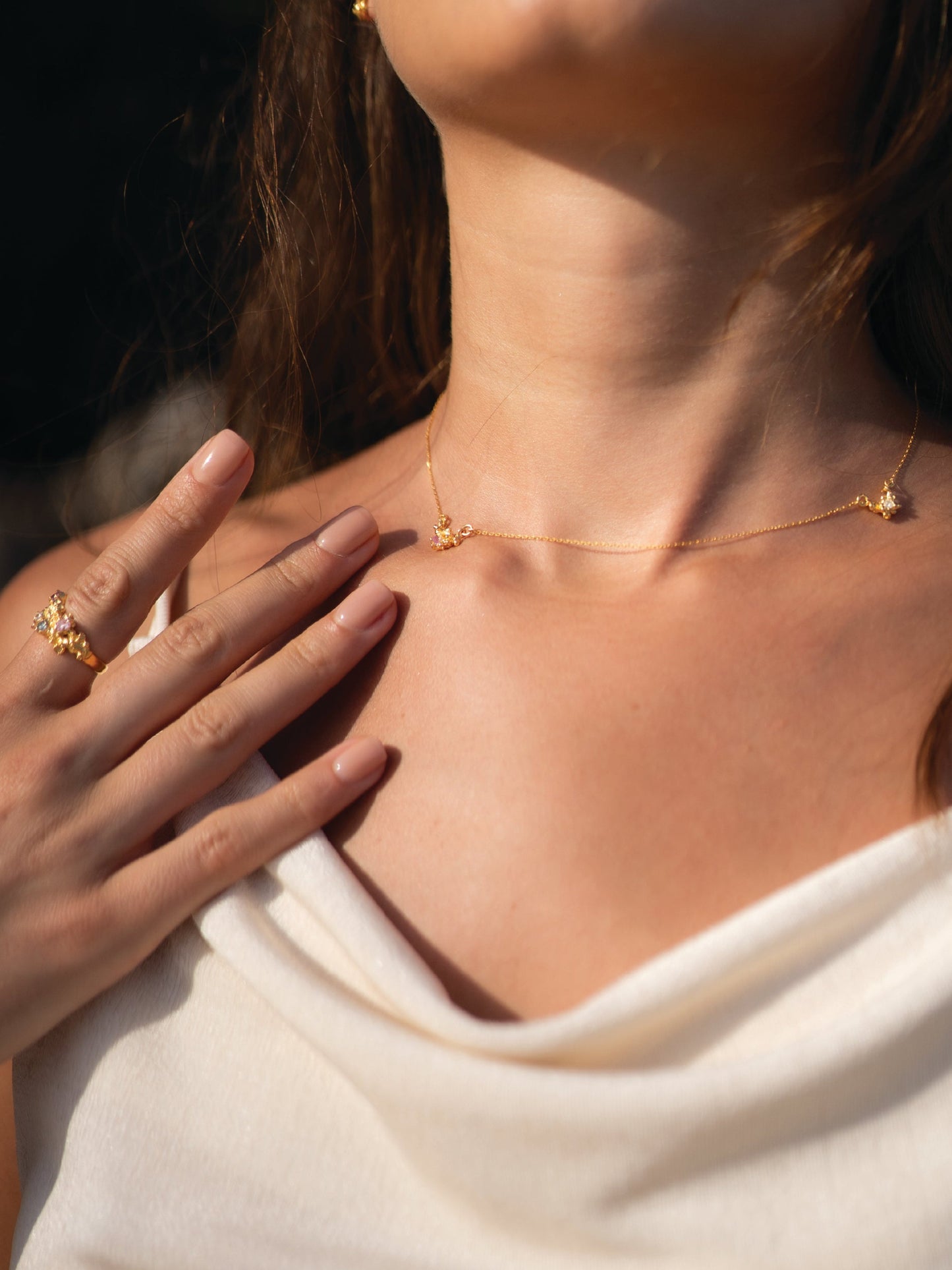 Coral Gold Necklace Double Pendant with Sapphire Gemstones