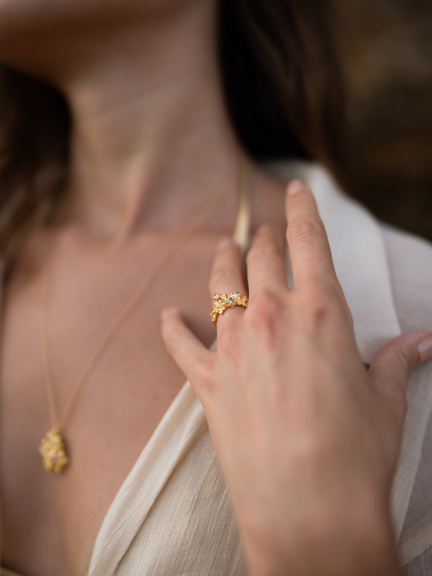 Coral Ring Gold #11 with candy coloured Sapphires - size 6
