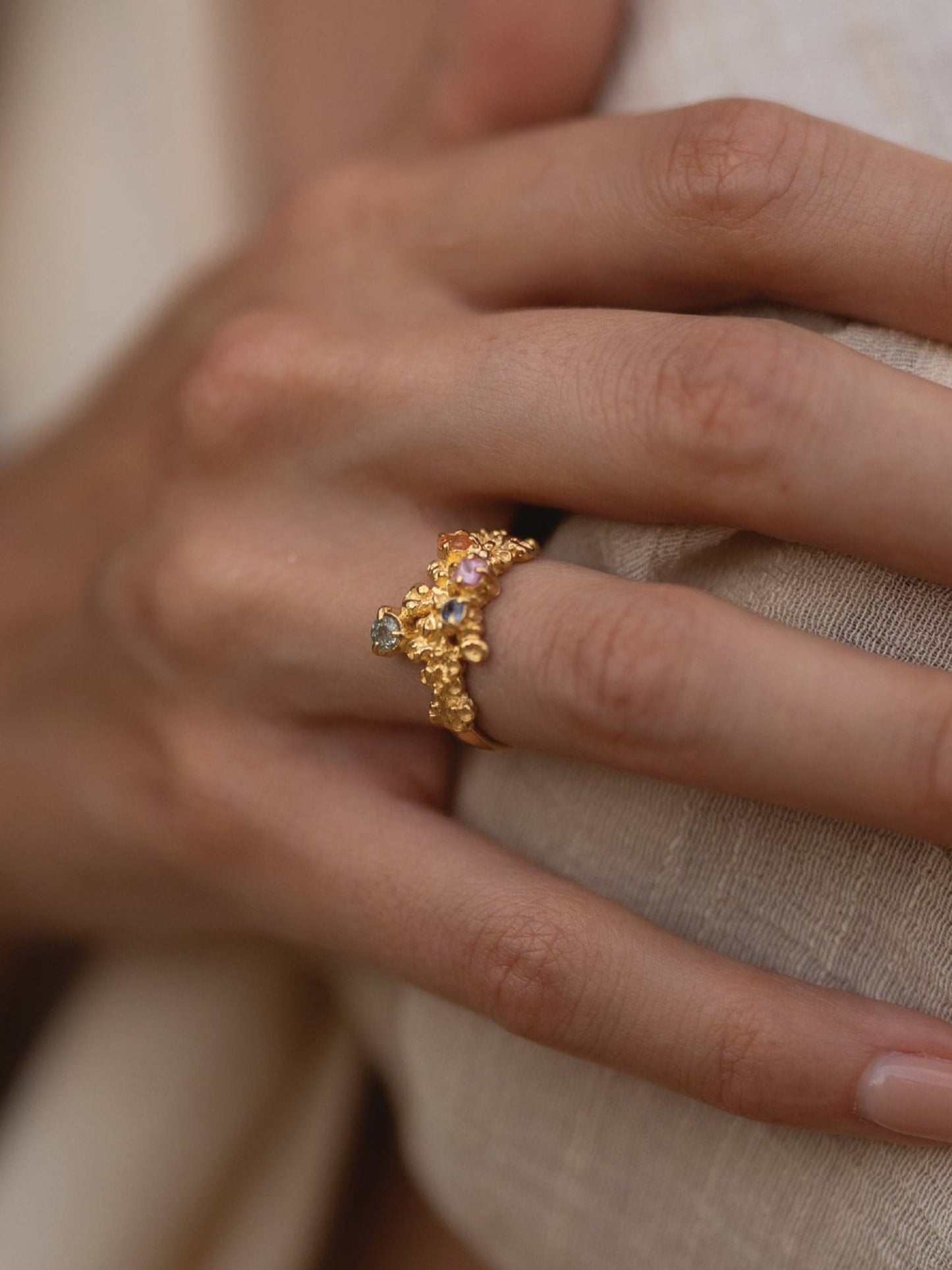 Coral Ring Gold #12 with candy coloured Sapphires - size 6