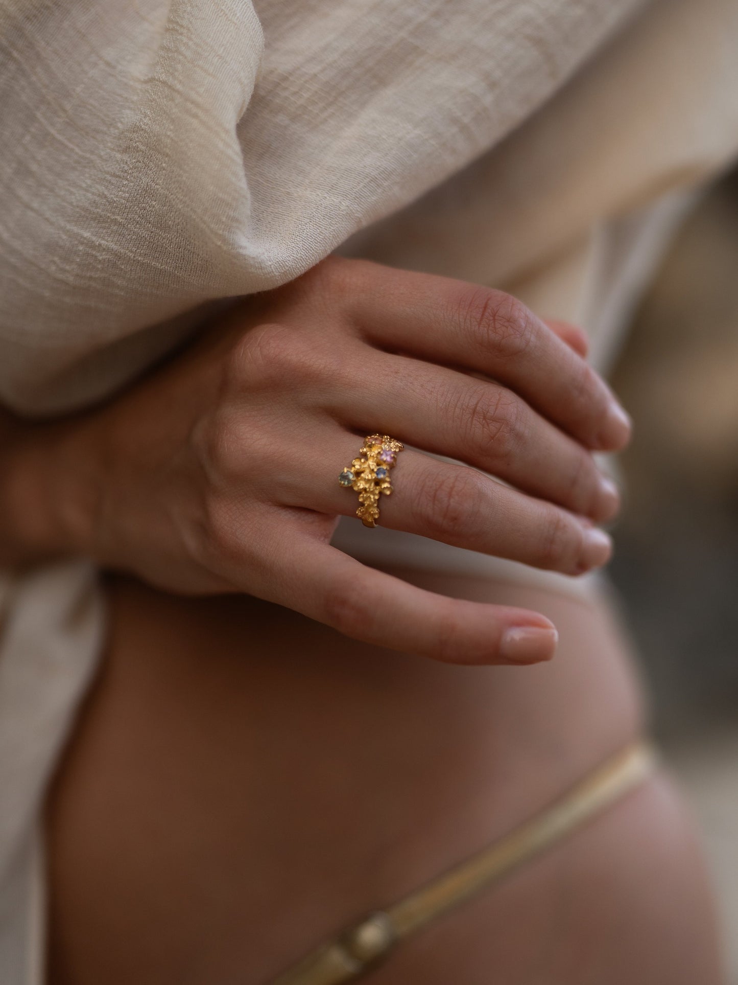 Coral Ring Gold #12 with candy coloured Sapphires - size 6