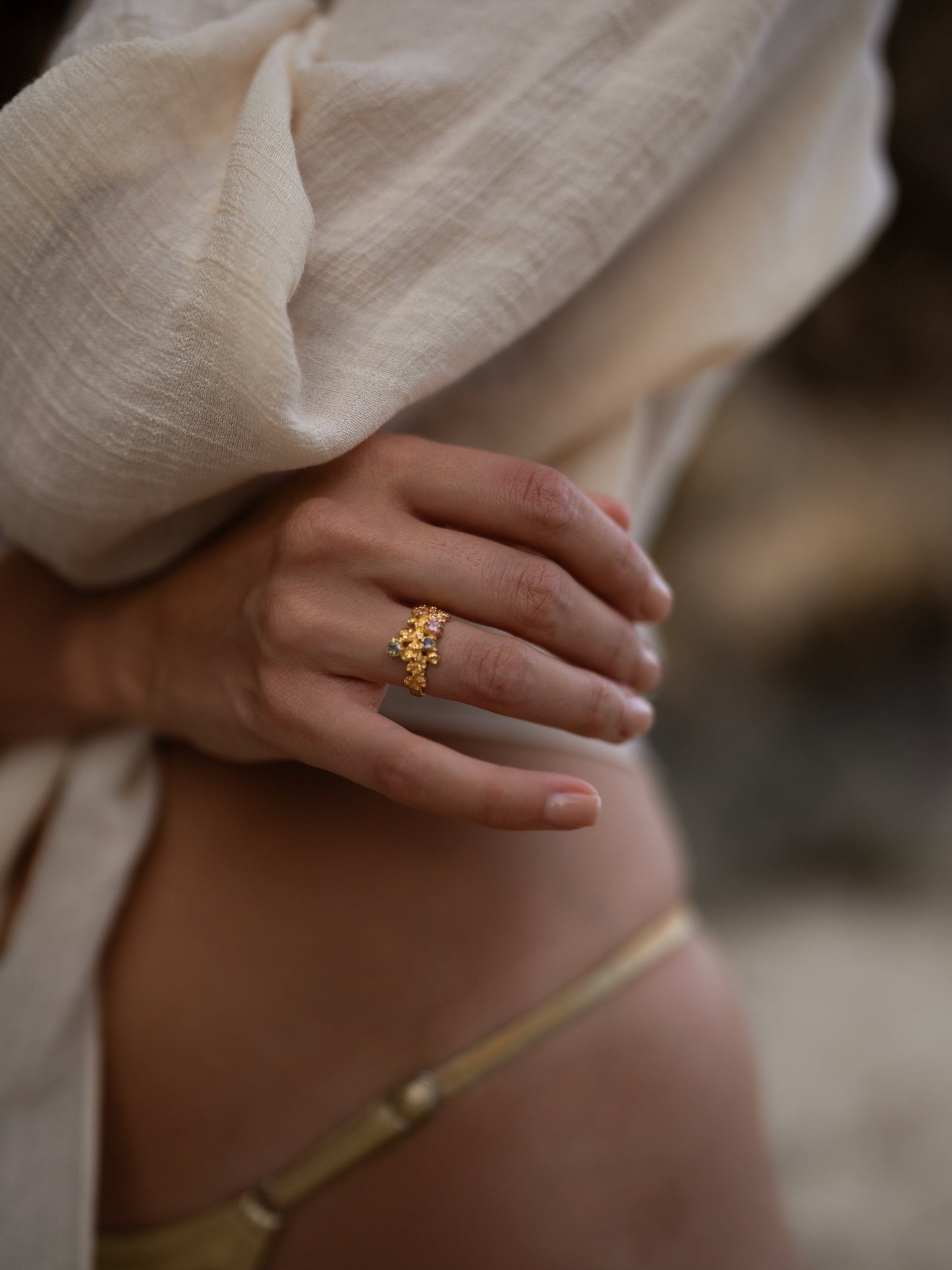 Coral Ring Gold #12 with candy coloured Sapphires - size 6