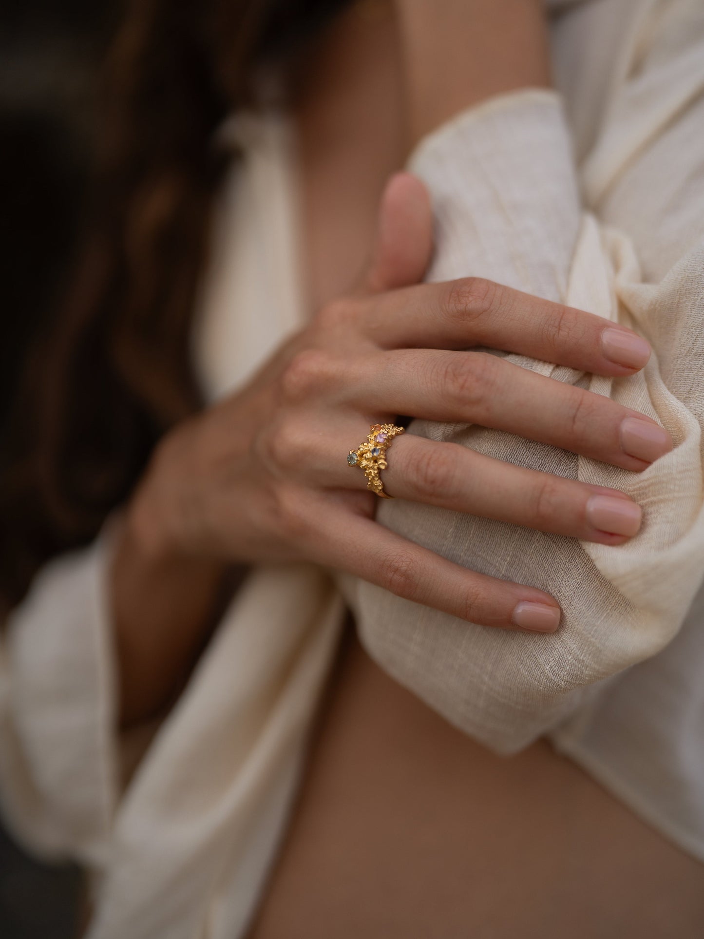 Coral Ring Gold #12 with candy coloured Sapphires - size 6