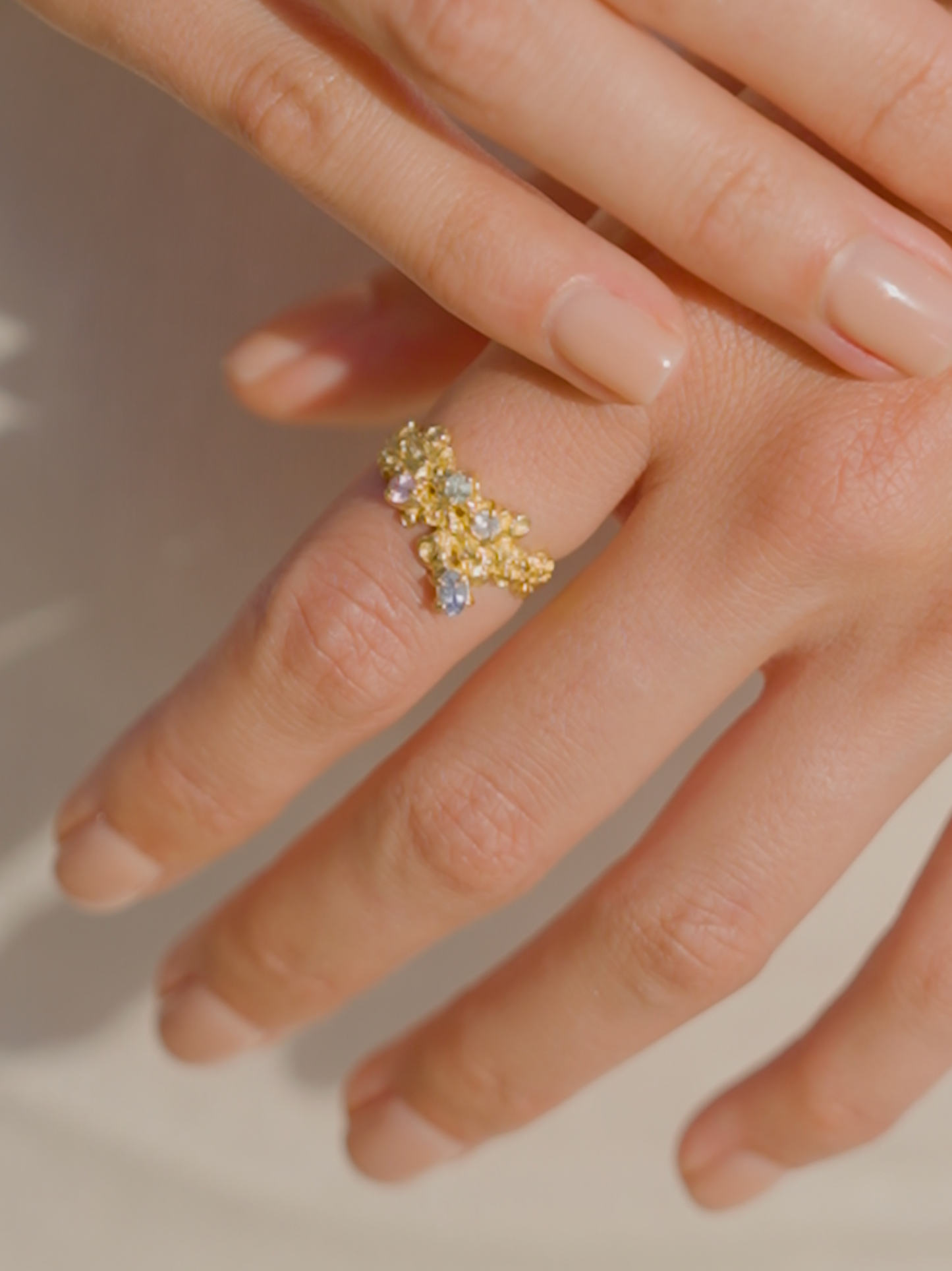 Coral Ring Gold #13 with candy coloured Sapphires - size 6.5