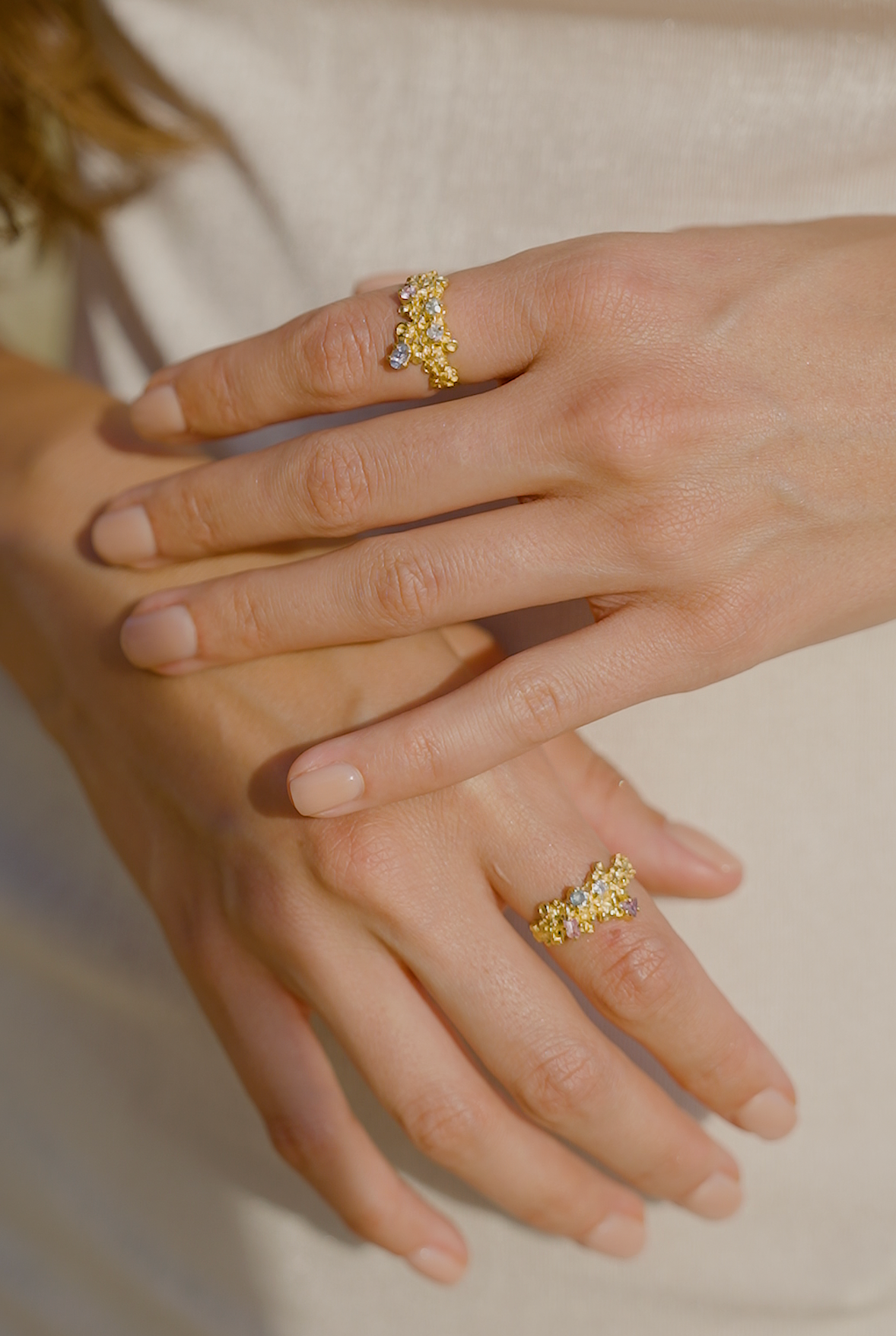 Coral Ring Gold #13 with candy coloured Sapphires - size 6.5