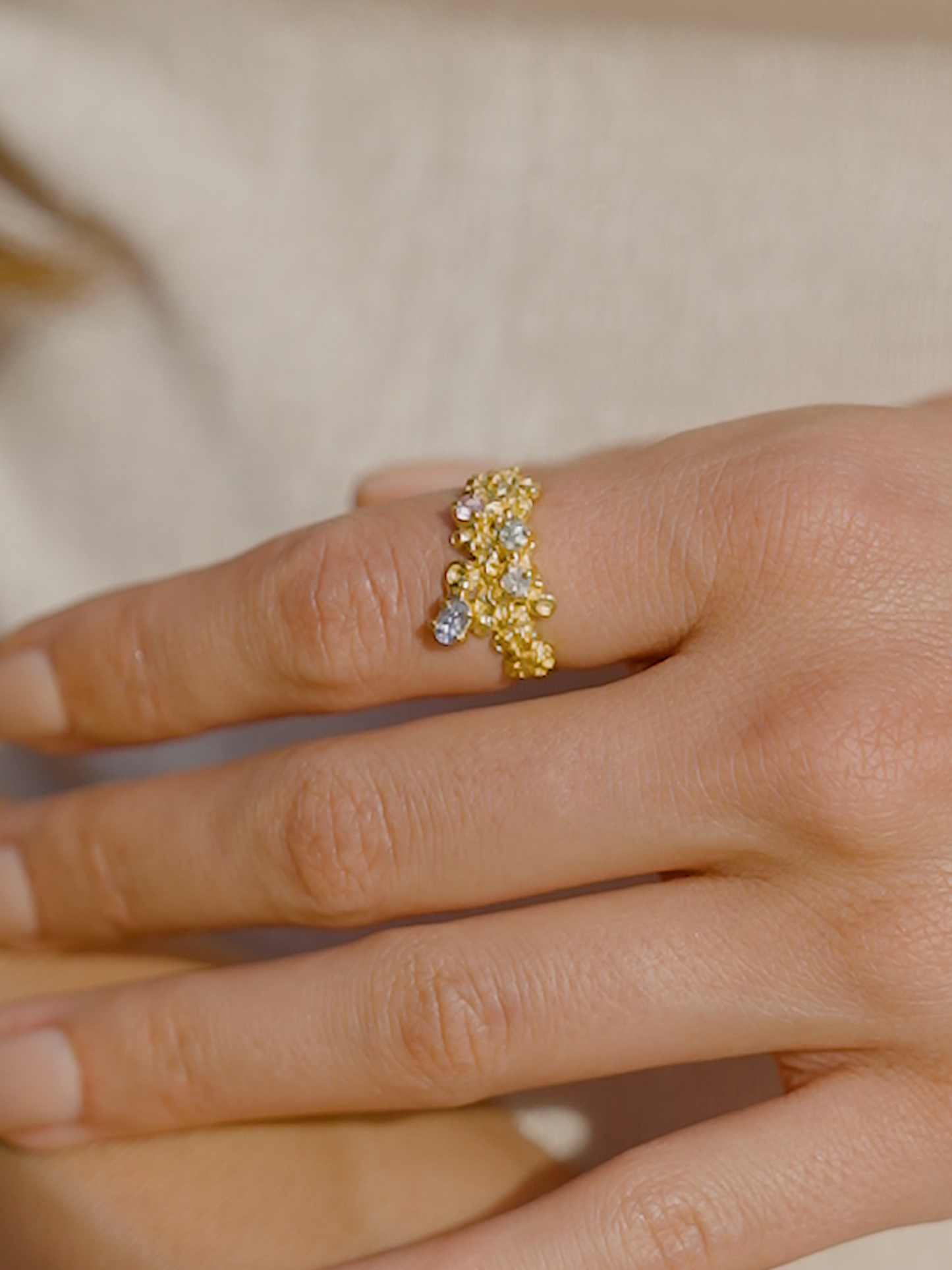 Coral Ring Gold #13 with candy coloured Sapphires - size 6.5