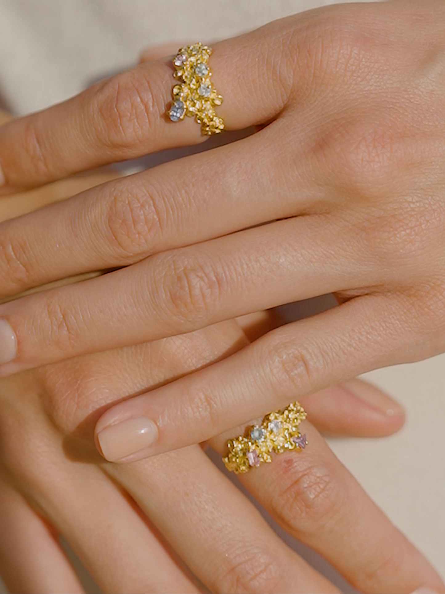 Coral Ring Gold #13 with candy coloured Sapphires - size 6.5