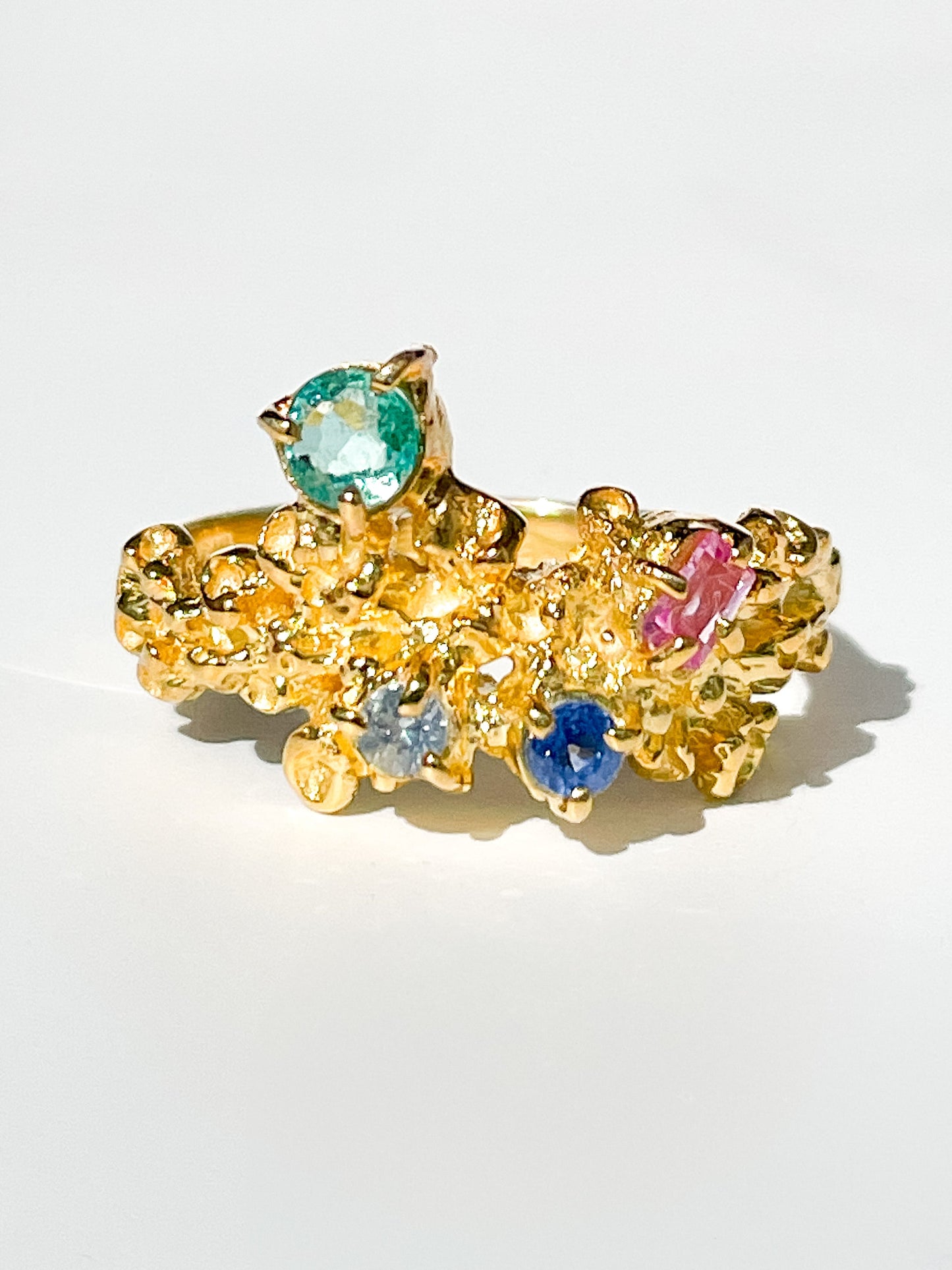 Coral Ring Gold #14 with Candy coloured Sapphires & Emerald - size 6.5
