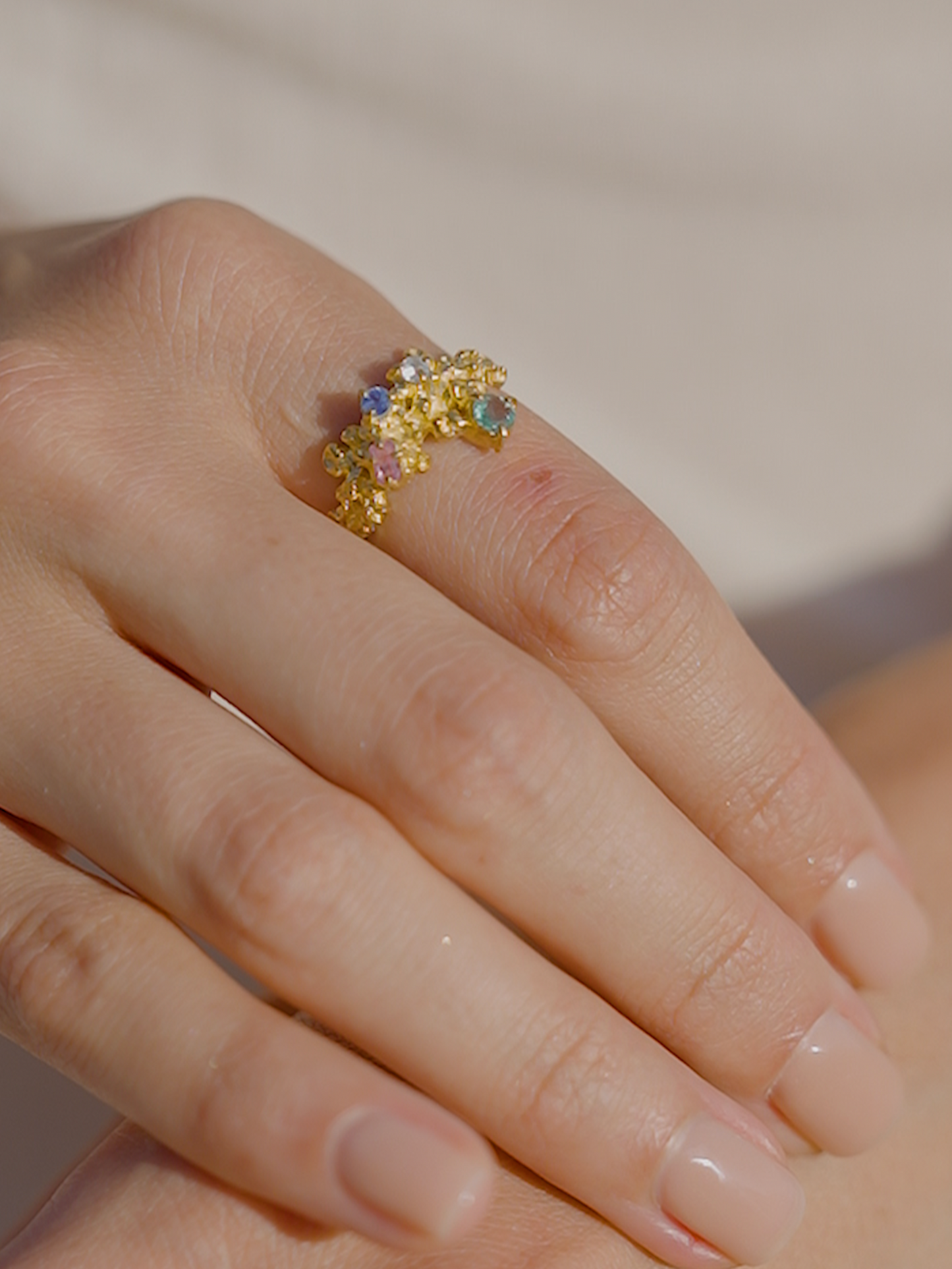 Coral Ring Gold #14 with Candy coloured Sapphires & Emerald - size 6.5