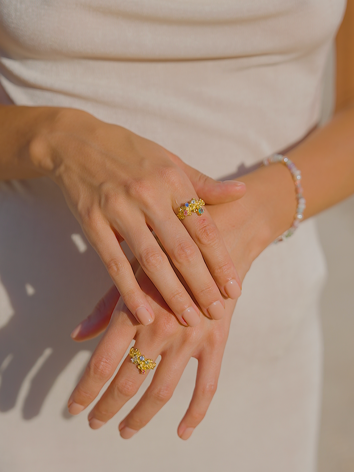 Coral Ring Gold #14 with Candy coloured Sapphires & Emerald - size 6.5