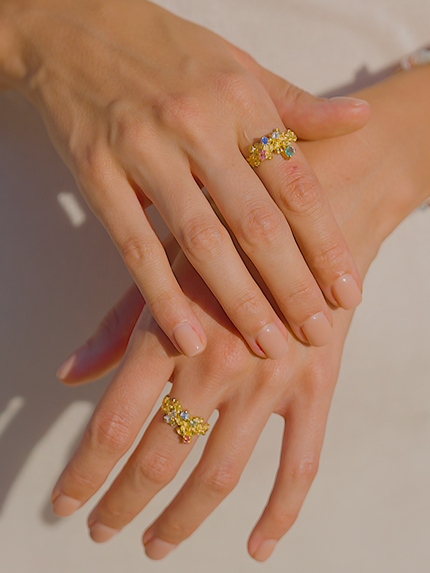 Coral Ring Gold #14 with Candy coloured Sapphires & Emerald - size 6.5