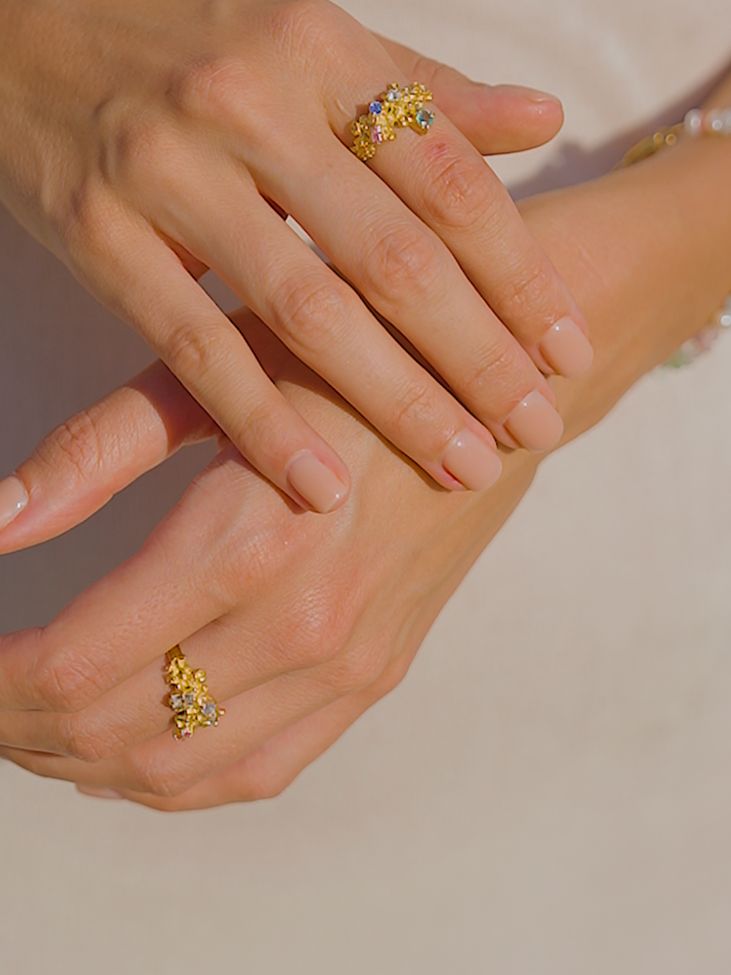 Coral Ring Gold #14 with Candy coloured Sapphires & Emerald - size 6.5
