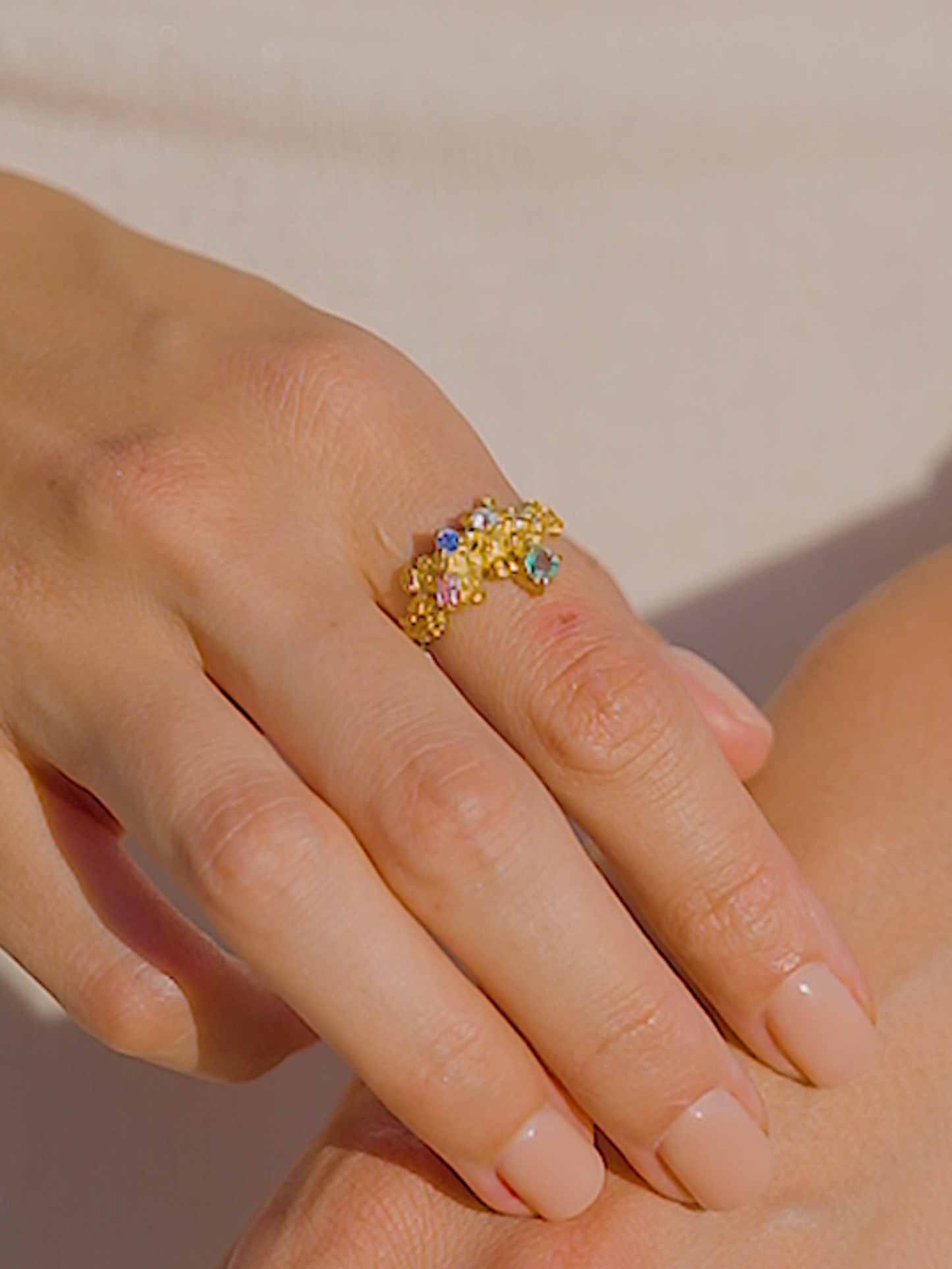 Coral Ring Gold #14 with Candy coloured Sapphires & Emerald - size 6.5