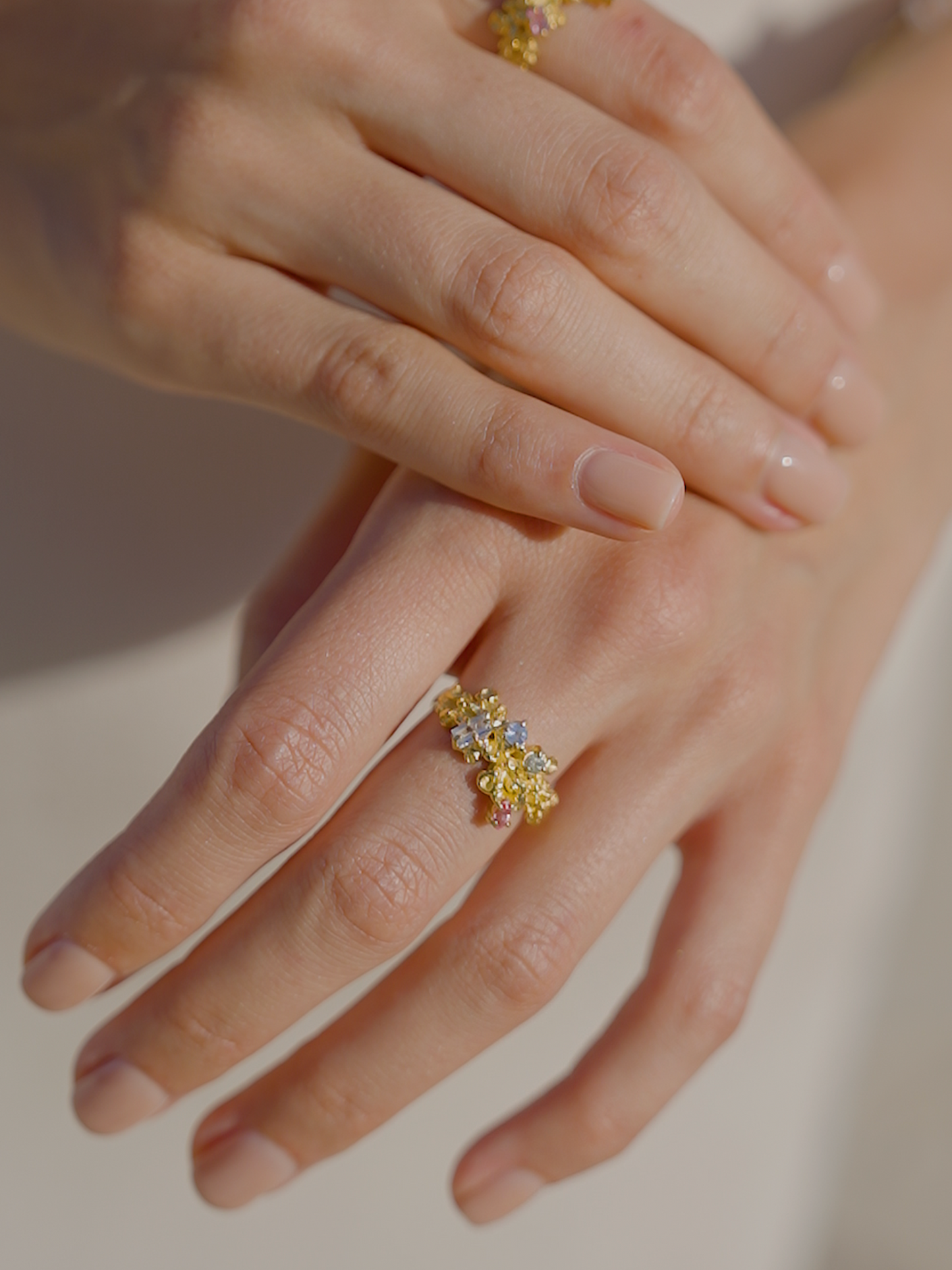 Coral Ring Gold #16 with candy coloured Sapphires - size 7