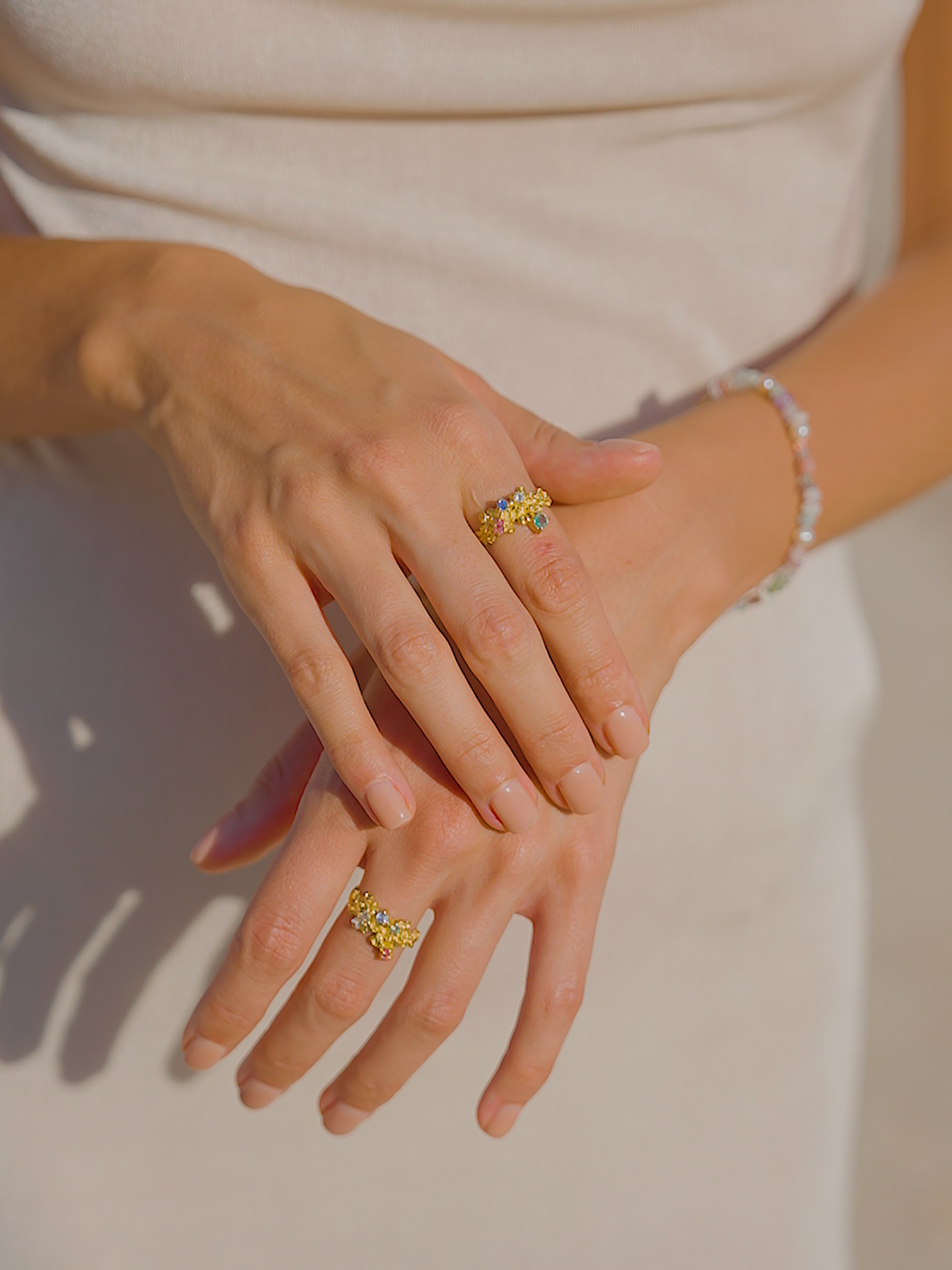 Coral Ring Gold #16 with candy coloured Sapphires - size 7