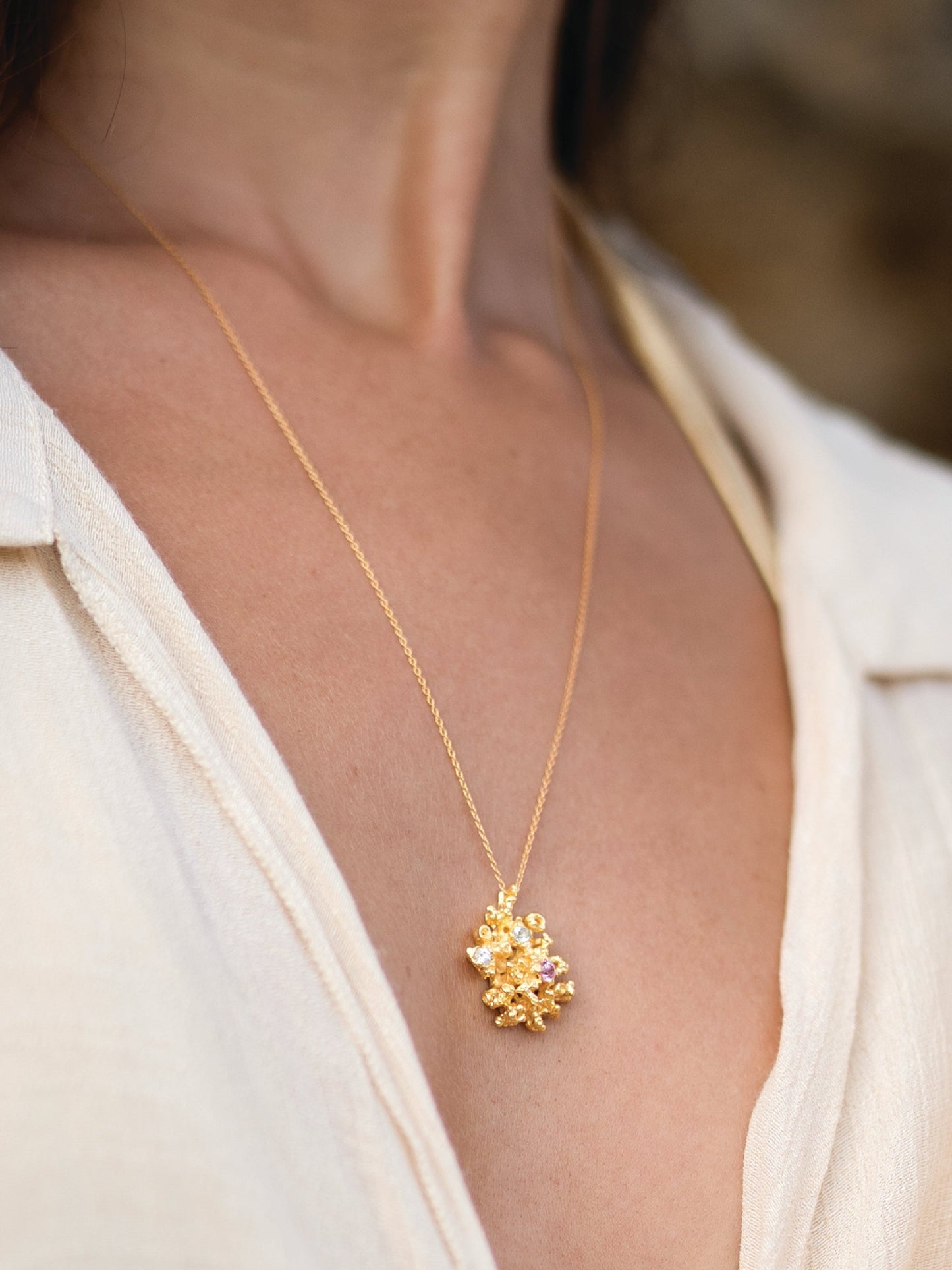 Coral Gold Large Pendant Necklace with Sapphire Gemstones