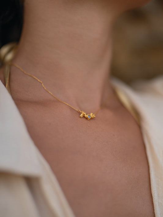 Coral Gold Necklace Single Pendant with Single Sapphire Gemstone