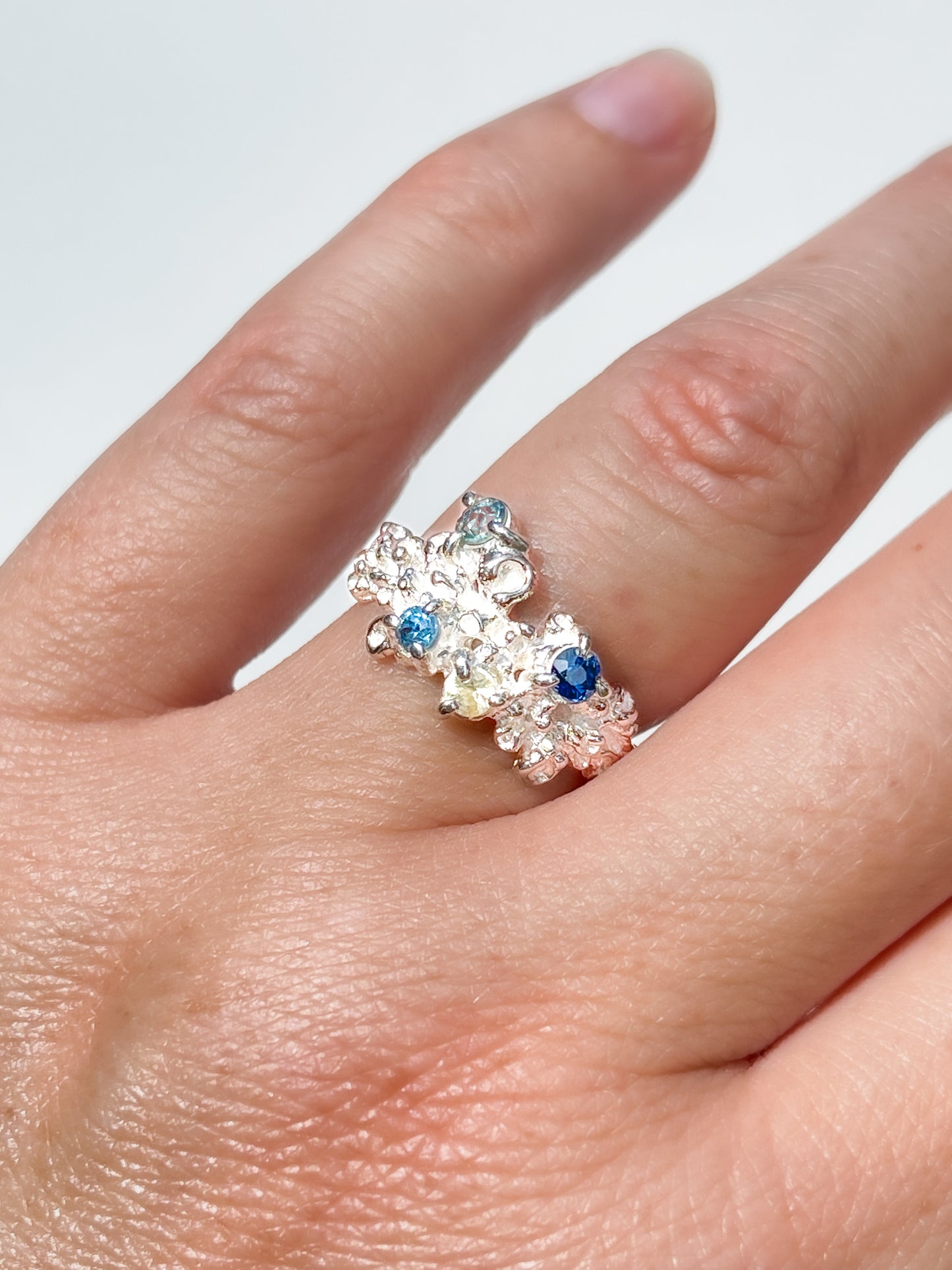 Coral Ring Silver with Blue & Green Sapphires - size 6