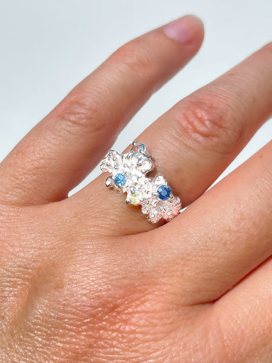 Coral Ring Silver with Blue & Green Sapphires - size 6