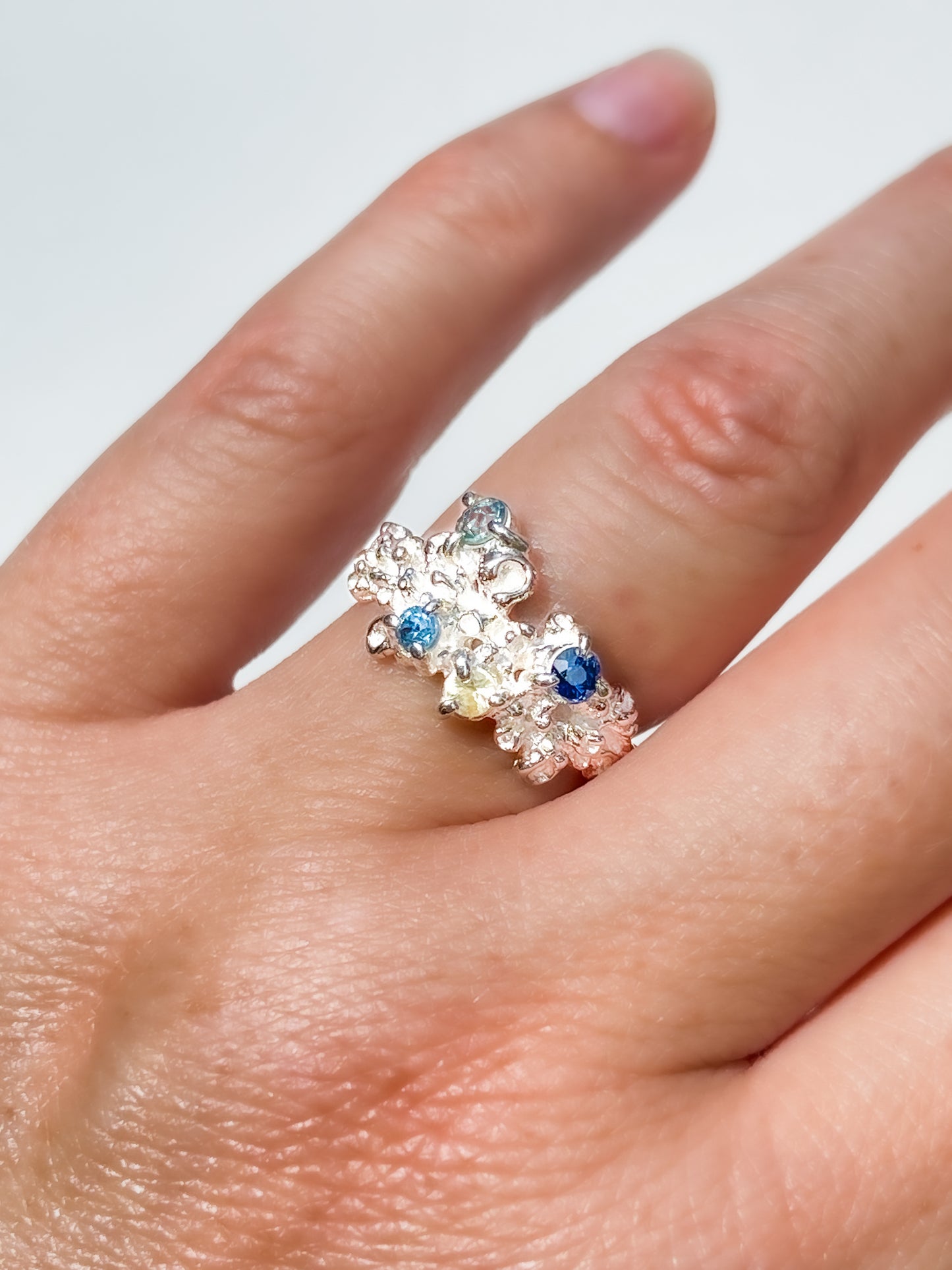 Coral Ring Silver with Blue & Green Sapphires - size 6