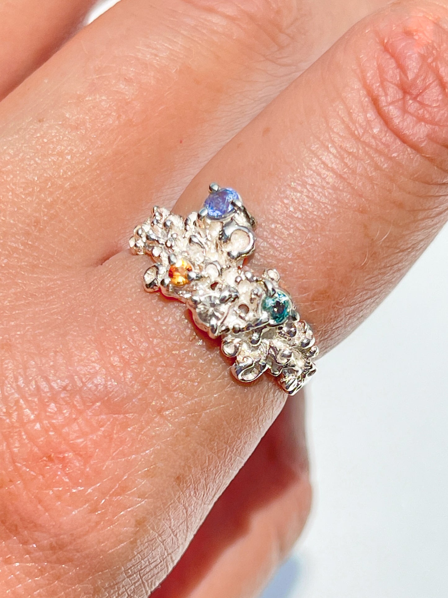 Coral Ring Silver with Blue, Green, Orange & White Sapphires - size 7.5