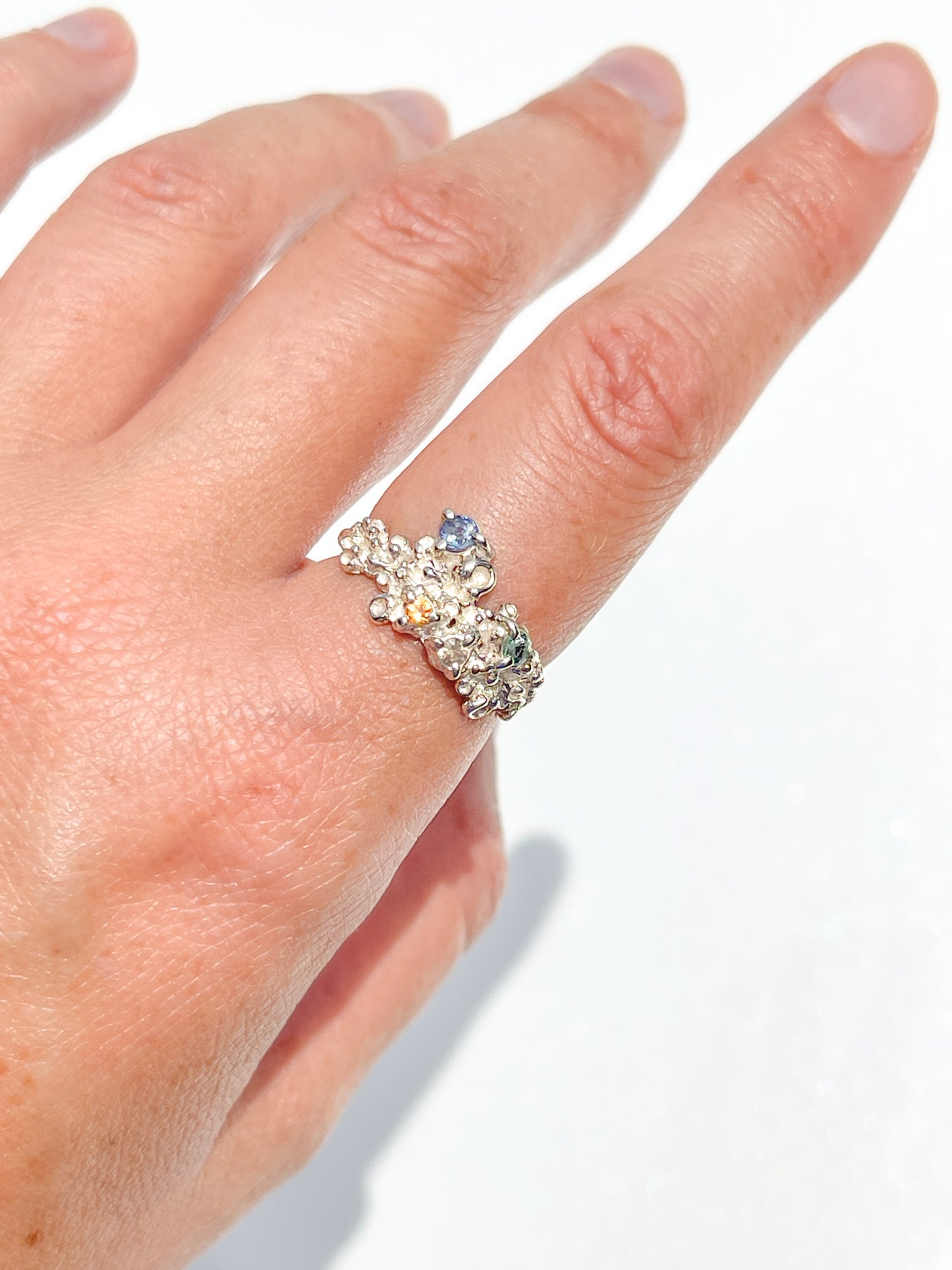 Coral Ring Silver with Blue, Green, Orange & White Sapphires - size 7.5