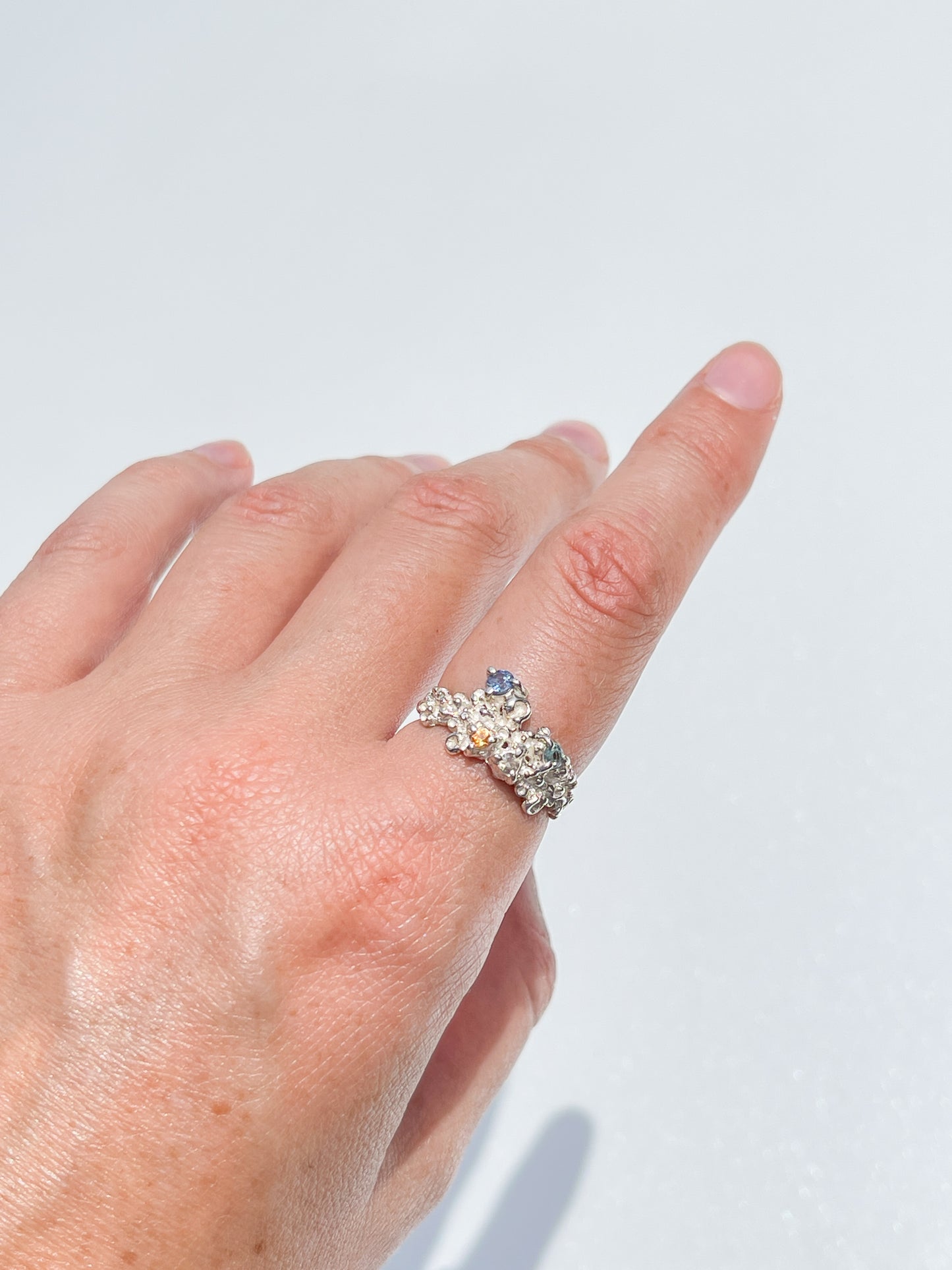 Coral Ring Silver with Blue, Green, Orange & White Sapphires - size 7.5
