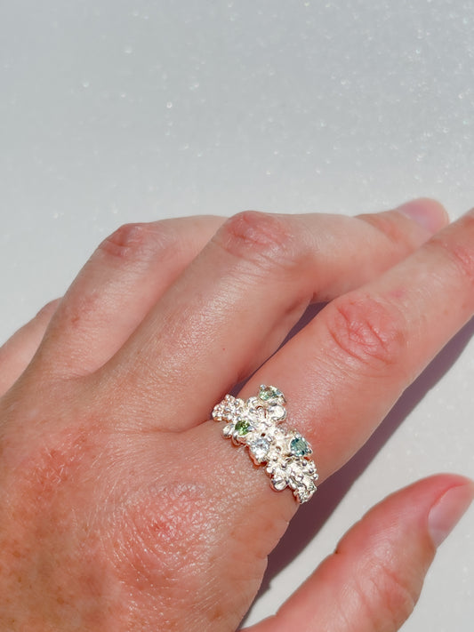 Coral Ring Silver with Blue, Green & White Sapphires & Tourmaline gemstones  - size 8