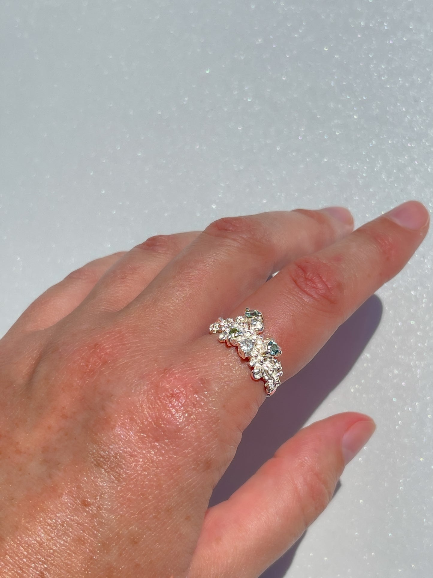 Coral Ring Silver with Blue, Green & White Sapphires & Tourmaline gemstones - size 8