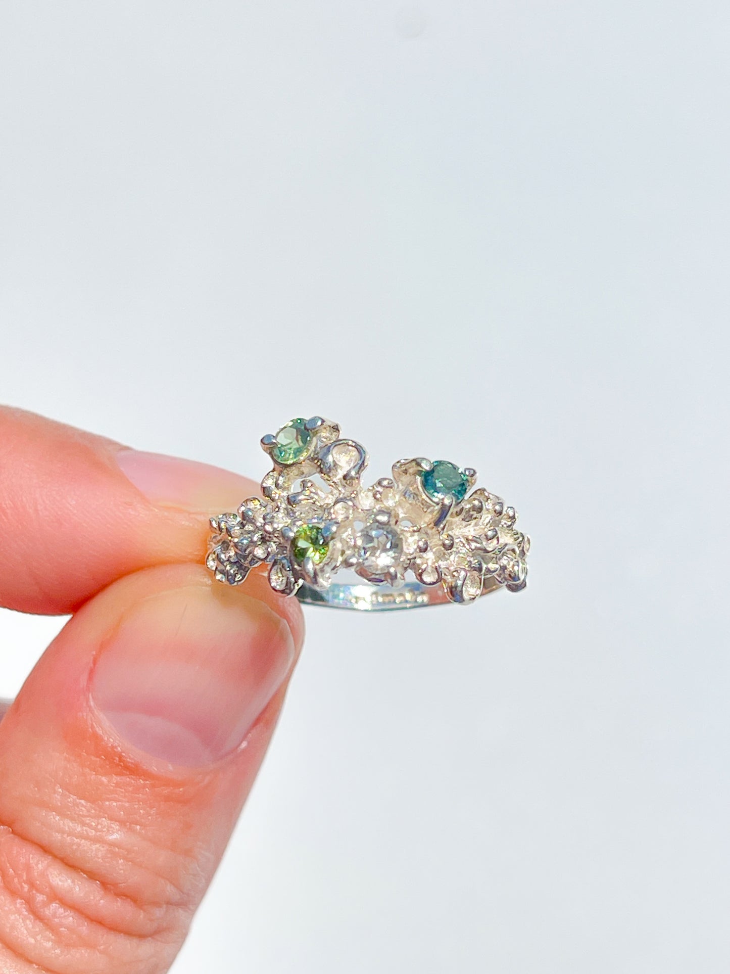 Coral Ring Silver with Blue, Green & White Sapphires & Tourmaline gemstones - size 8