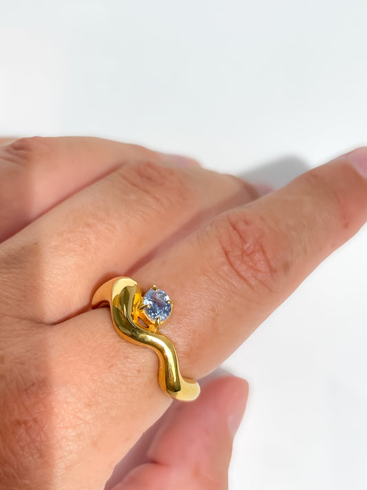 Wave Ring Gold with single Aqua Sapphire # 12 | Size 7
