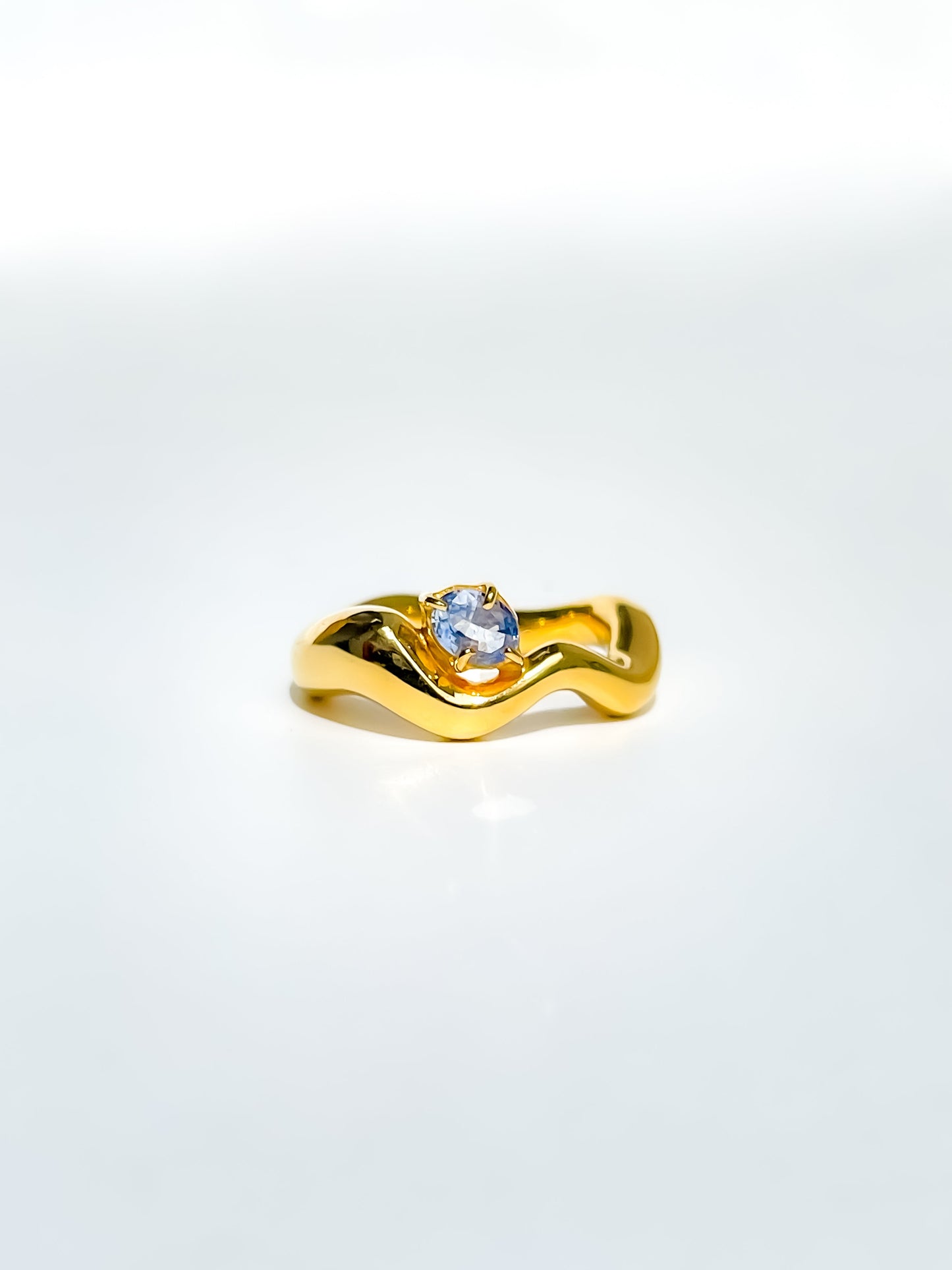Wave Ring Gold with single Aqua Sapphire # 12 | Size 7
