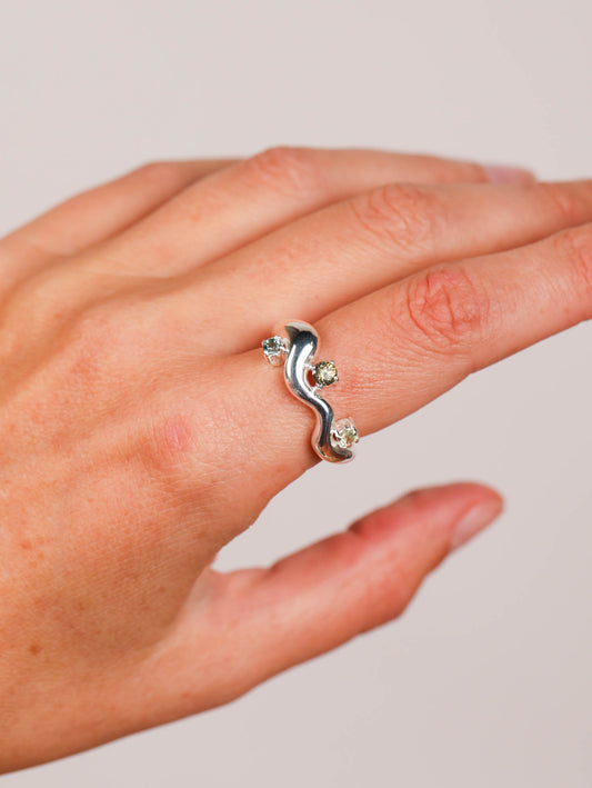 Wave Ring Silver with 3 Sapphire and Tourmaline Stones # 3 | Size 7.5