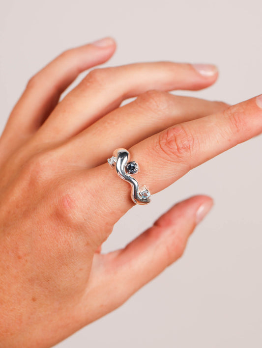 Wave Ring Silver with 3 multi Stones # 1  | Size 7