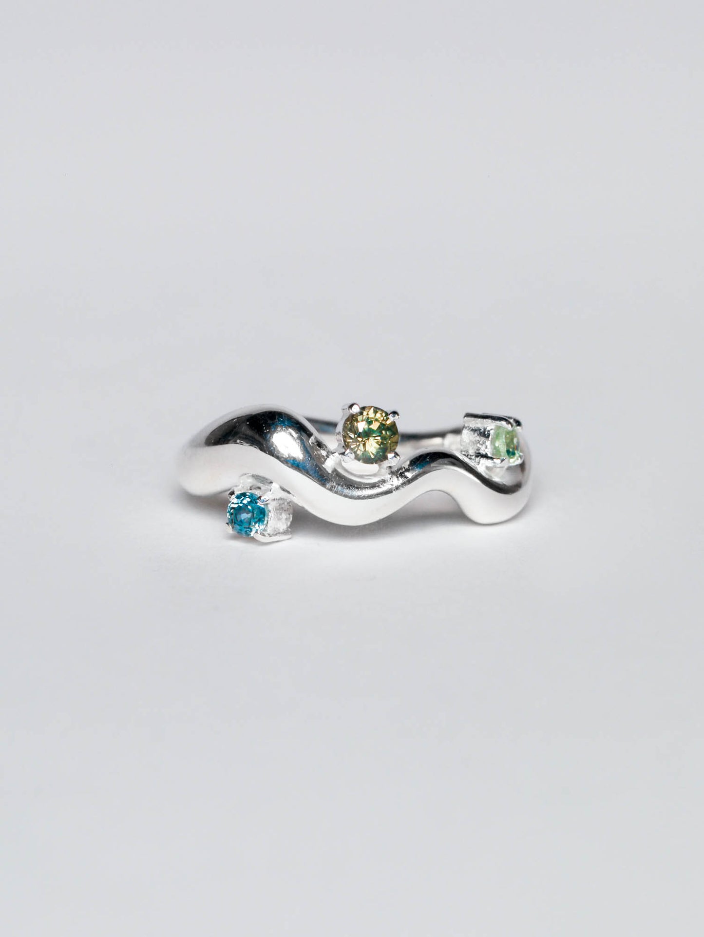 Wave Ring Silver with 3 Sapphire and Tourmaline Stones # 3 | Size 7.5