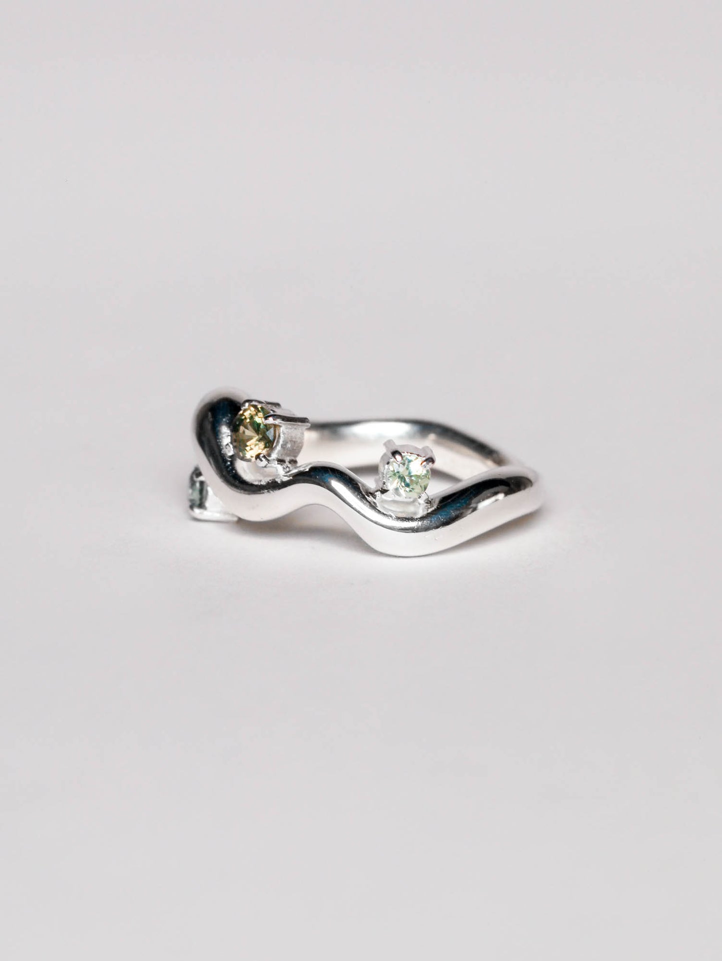 Wave Ring Silver with 3 Sapphire and Tourmaline Stones # 3 | Size 7.5