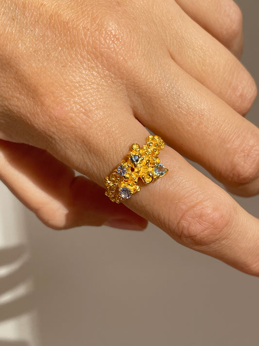Coral Ring Gold with Blue & Aqua Sapphires - size 7