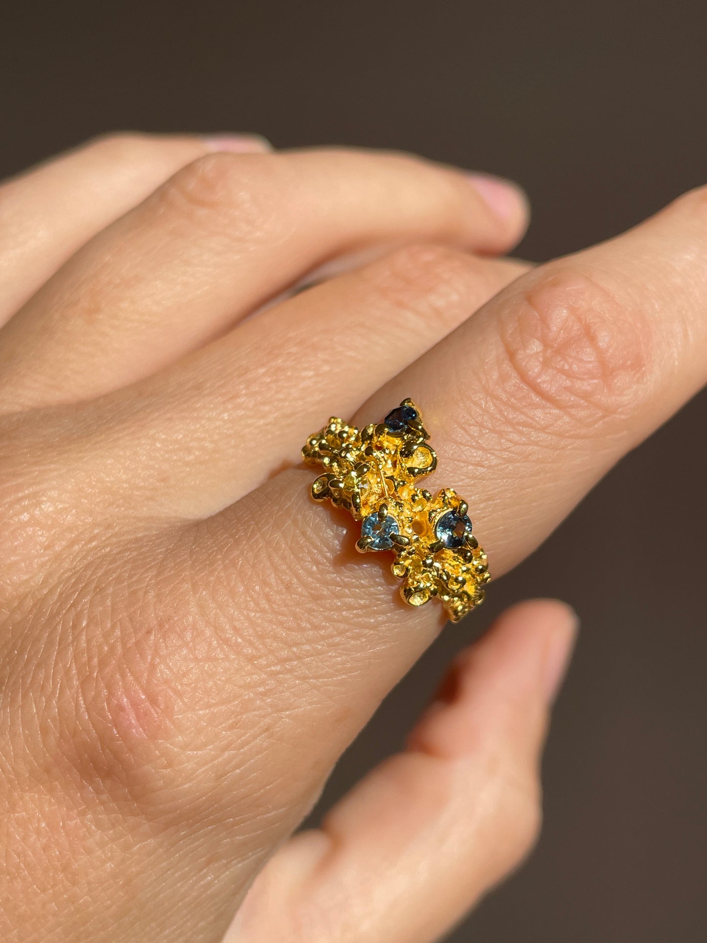 Coral Ring Gold with Blue & Aqua Sapphires - size 7.5