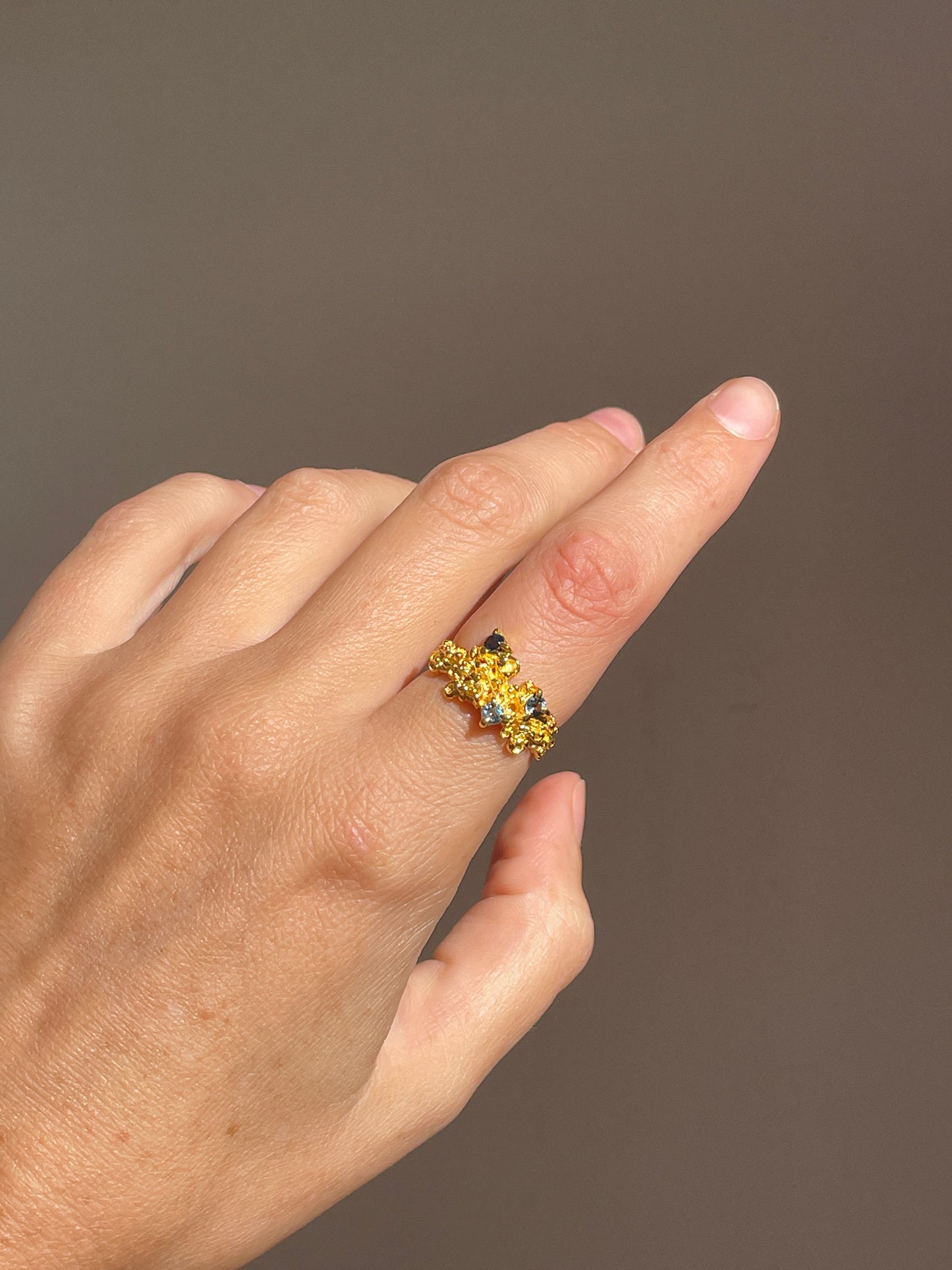 Coral Ring Gold with Blue & Aqua Sapphires - size 7.5