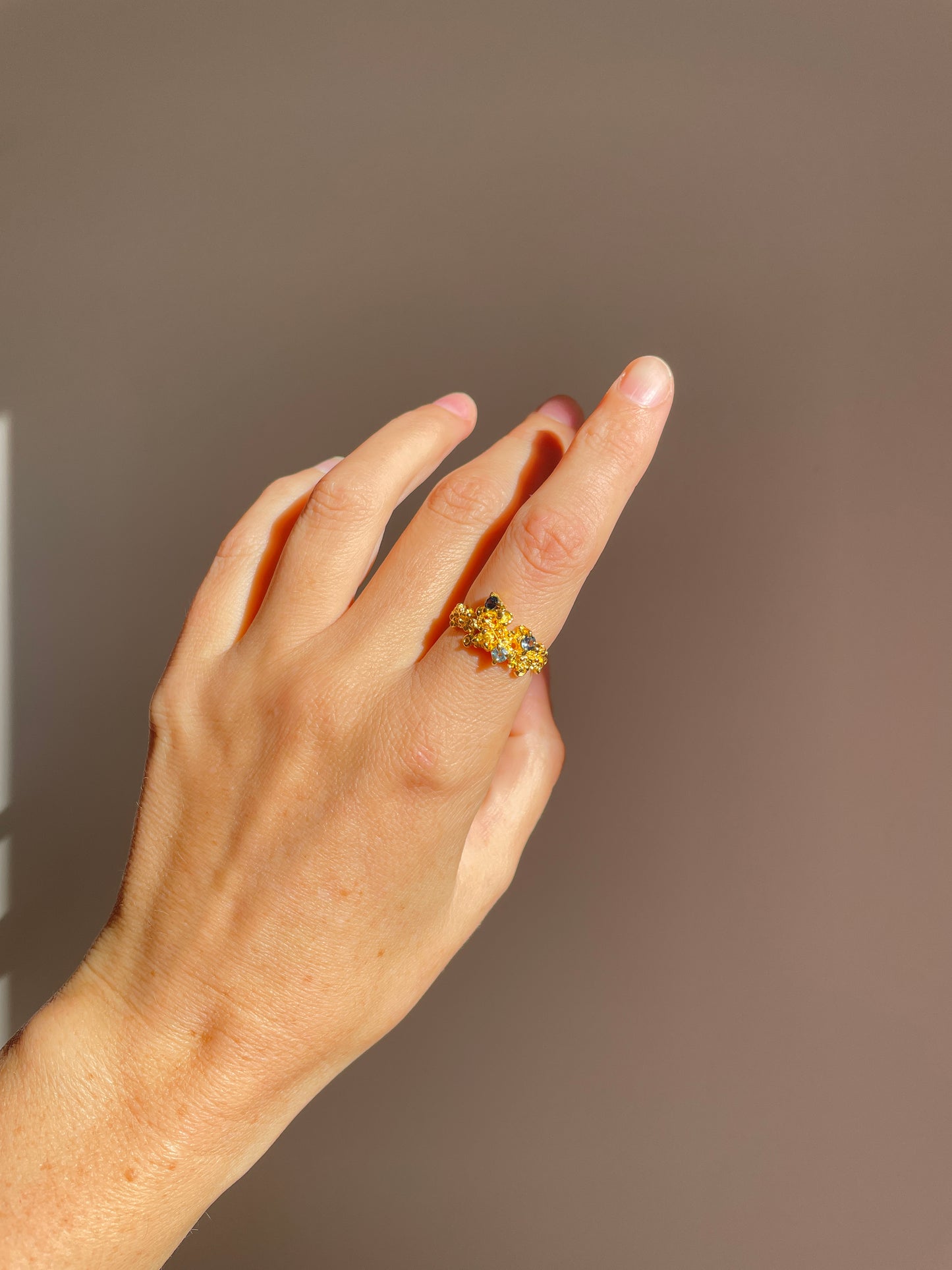 Coral Ring Gold with Blue & Aqua Sapphires - size 7.5