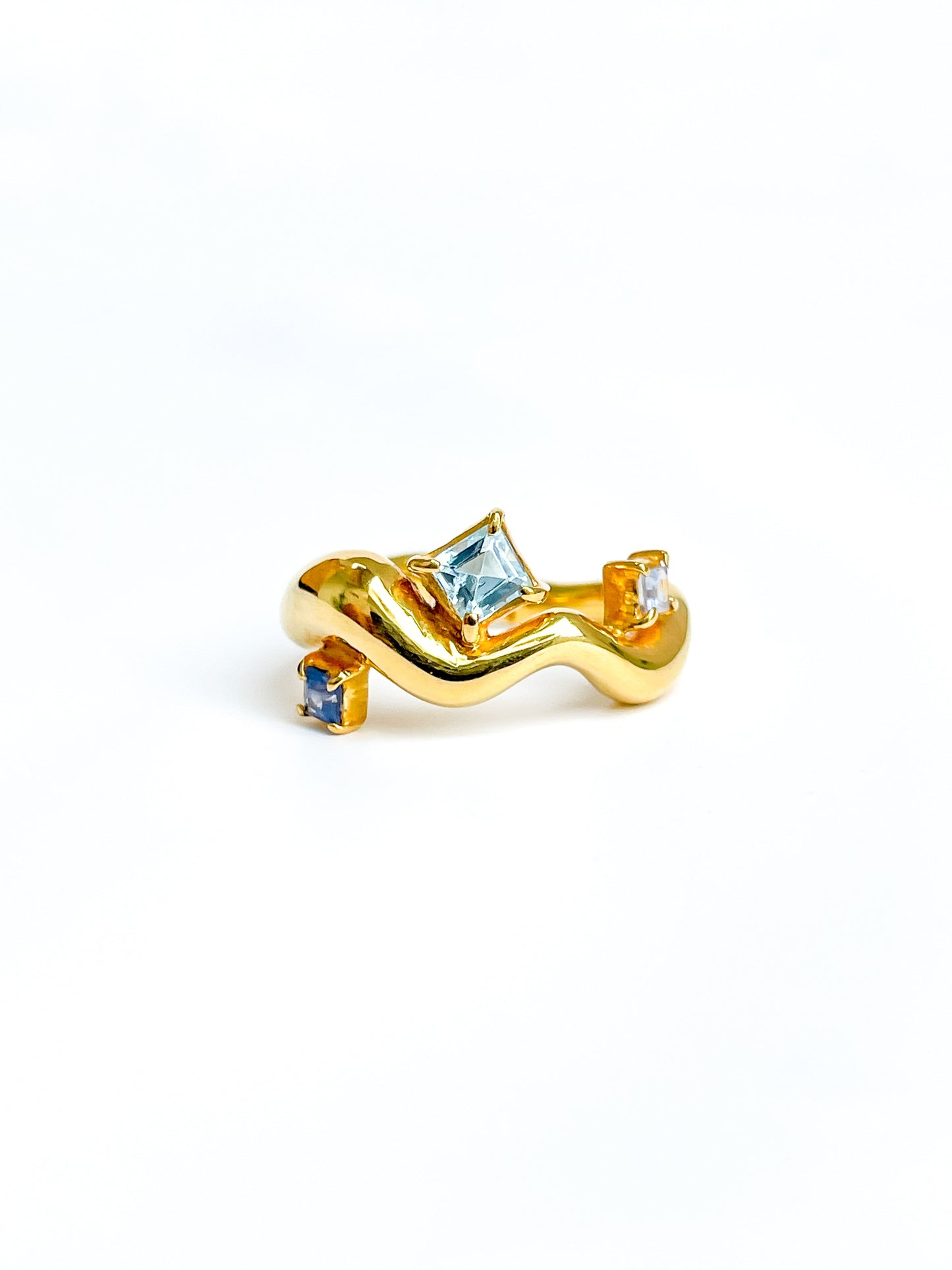 Wave Ring Gold with trinity Square Blue Sapphires # 3 | Size 7