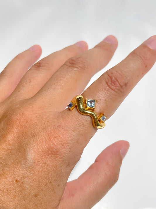 Wave Ring Gold with trinity Square Blue Sapphires # 3 | Size 7