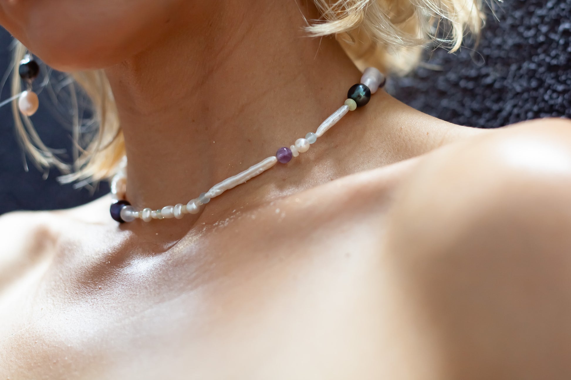 Nāmaka Tahitian Black Pearl & Opal Multi-Stone Choker Necklace - Glistening in candy colours, and finished with Sterling Silver hardware, this necklace is absolutely gorgeous. Hand crafted with a variety of Vibrant White Keshi Pearls, Estate re-purposed Tahitian Black Pearls, Biwa Pearls, Freshwater Pearls & Pink Freshwater Pearls.