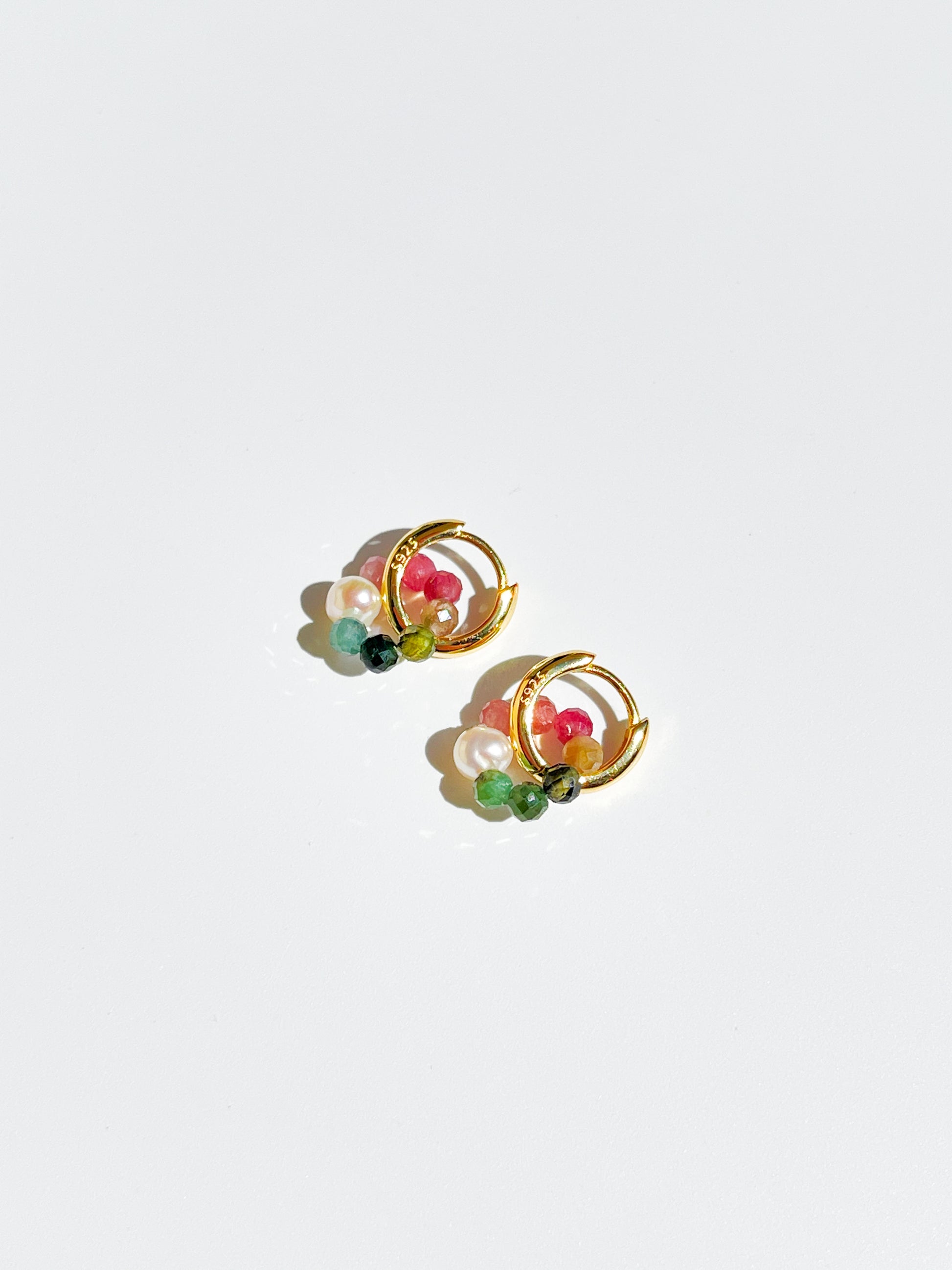 Nāmaka Tourmaline & Pearl Halo Hoops. Hand crafted with sparkling faceted Tourmaline Gems, Freshwater pearls, suspended by 14ct Gold Filled Sterling Silver Hoops.