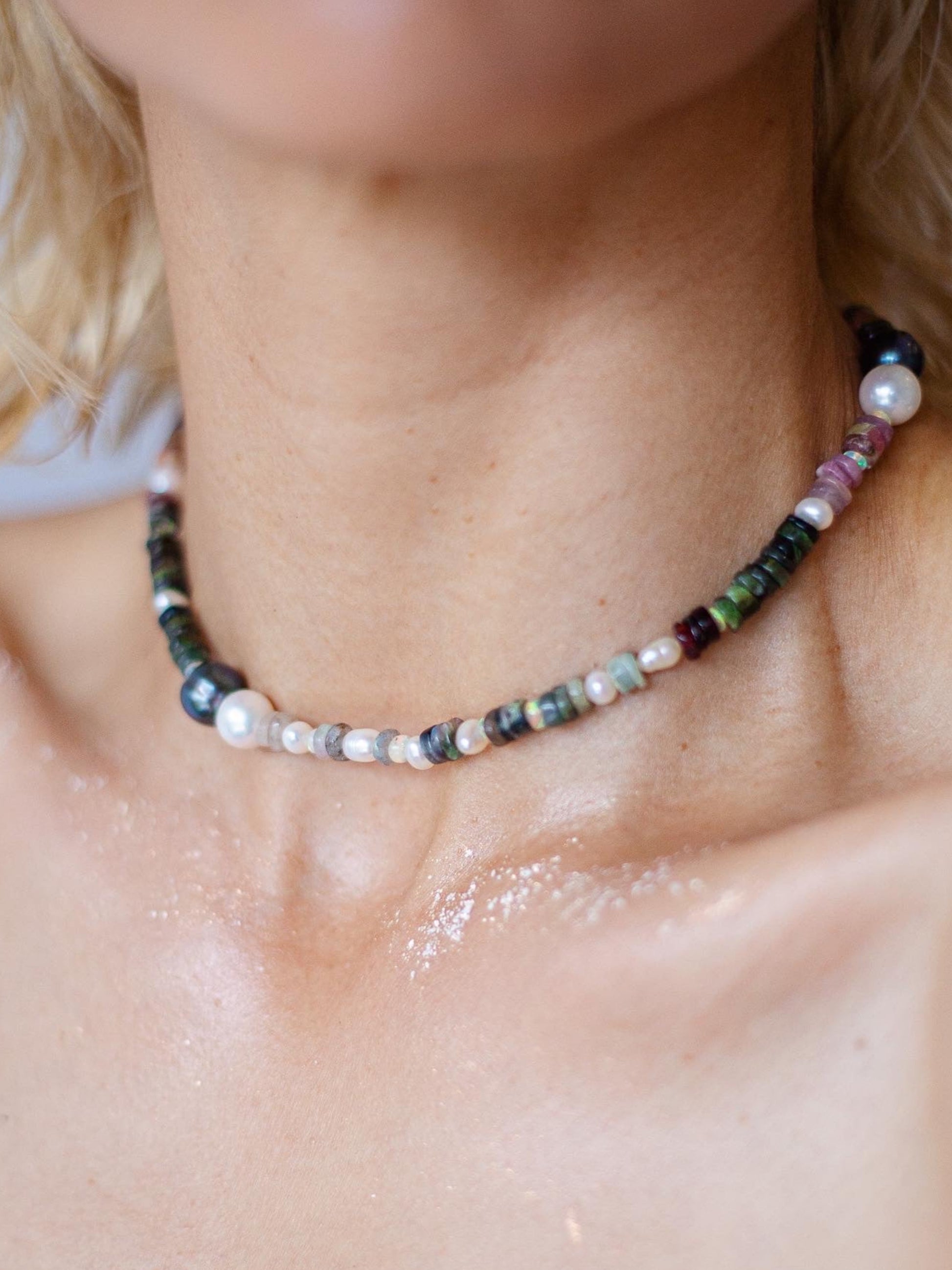 Nāmaka Bold Tourmaline with Akoya & Tahitian Pearl Choker Necklace.