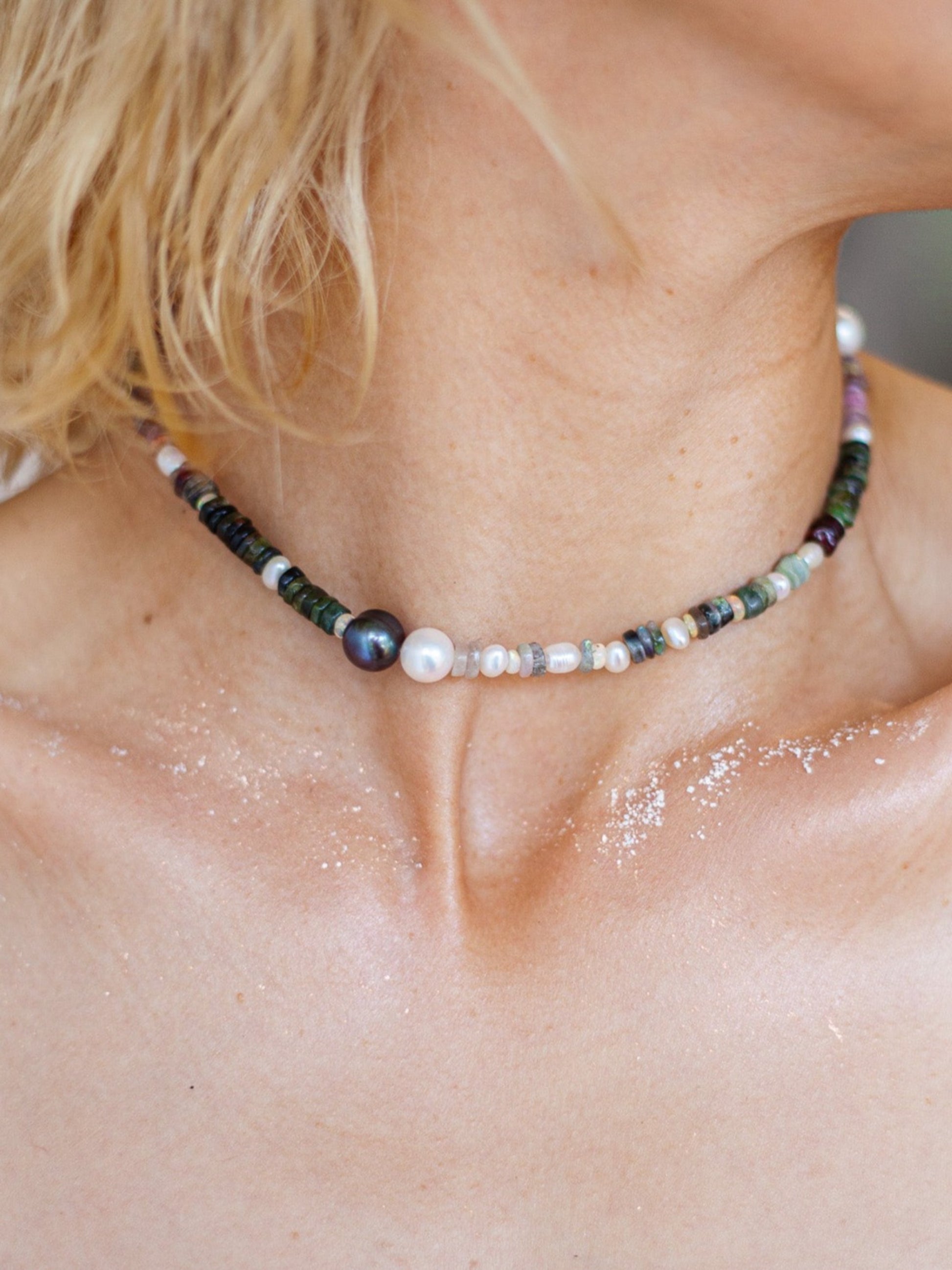 Nāmaka Bold Tourmaline with Akoya & Tahitian Pearl Choker Necklace.