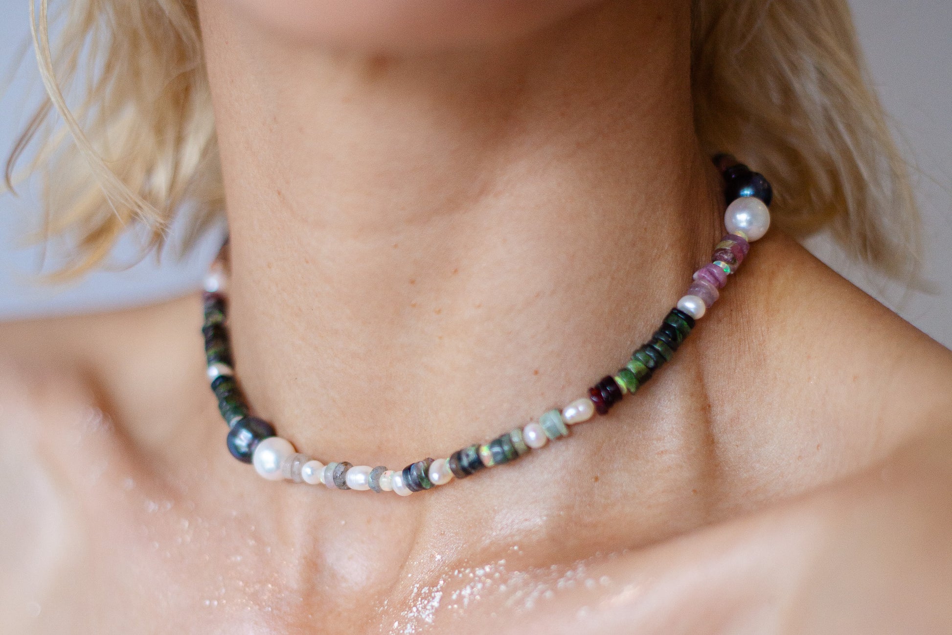 Nāmaka Bold Tourmaline with Akoya & Tahitian Pearl Choker Necklace.