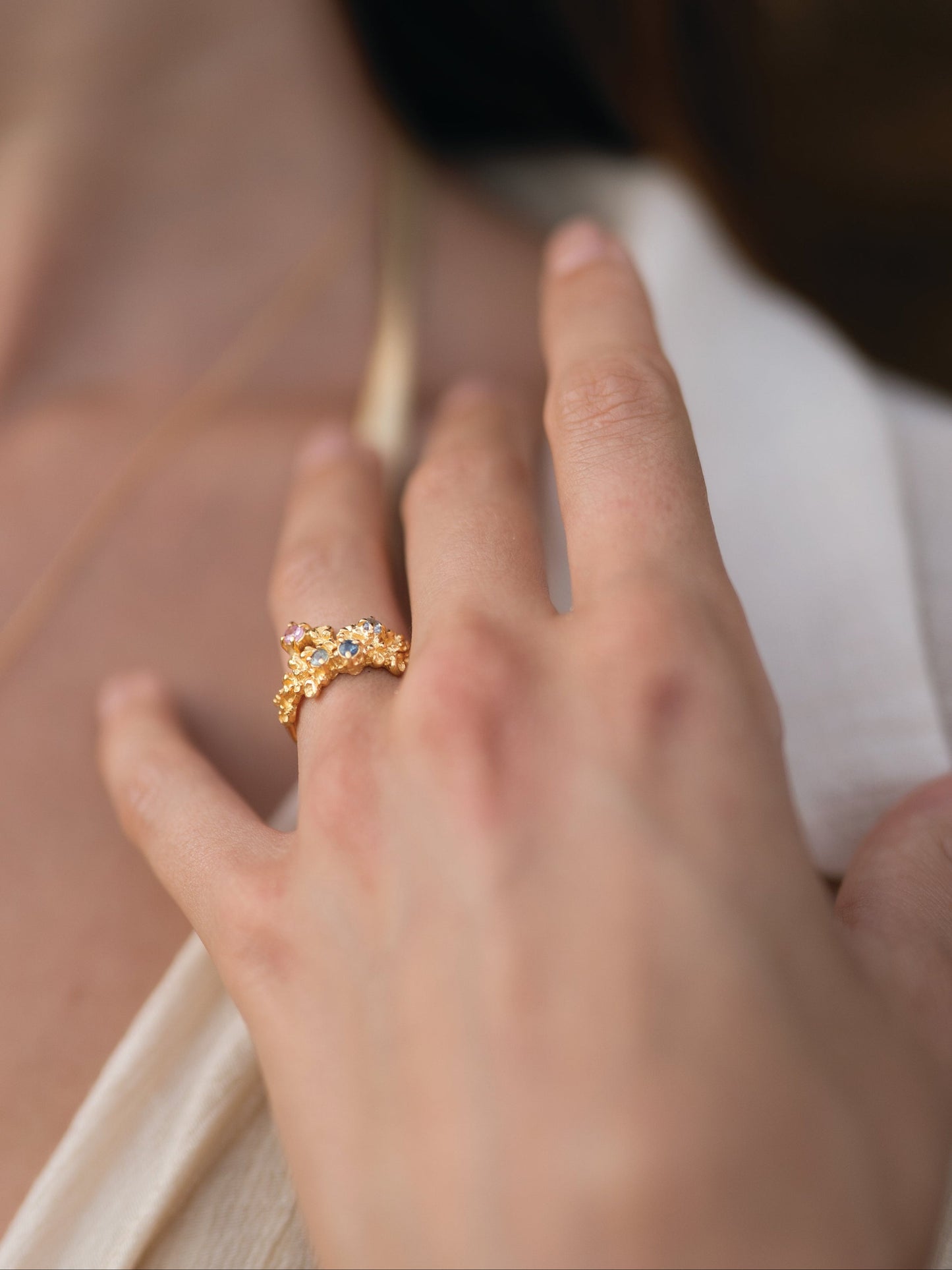 Coral Ring Gold #11 with candy coloured Sapphires - size 6
