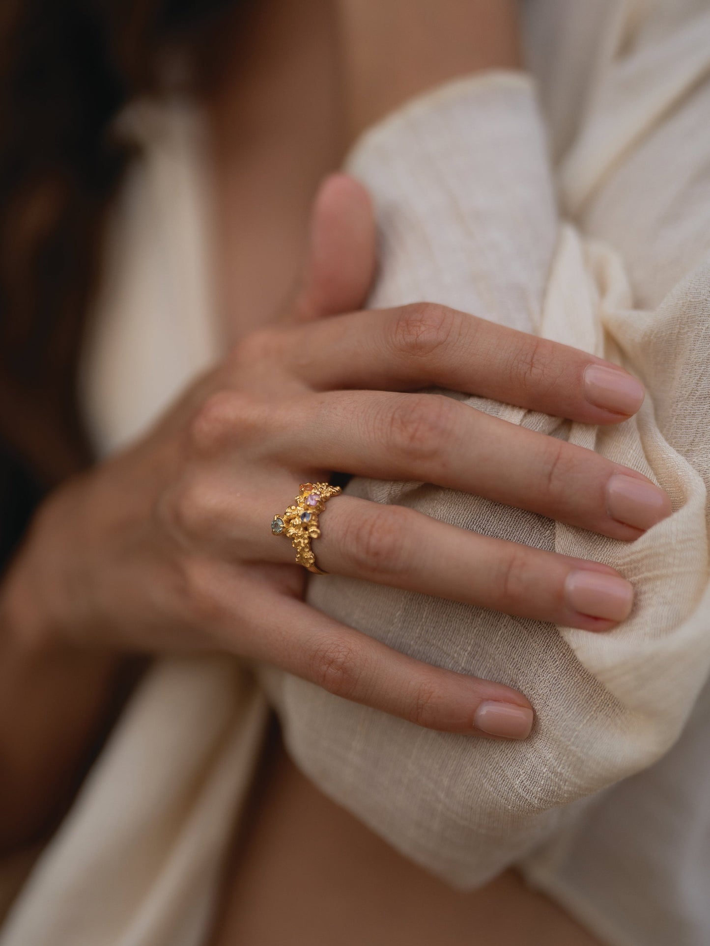 Coral Ring Gold #12 with candy coloured Sapphires - size 6