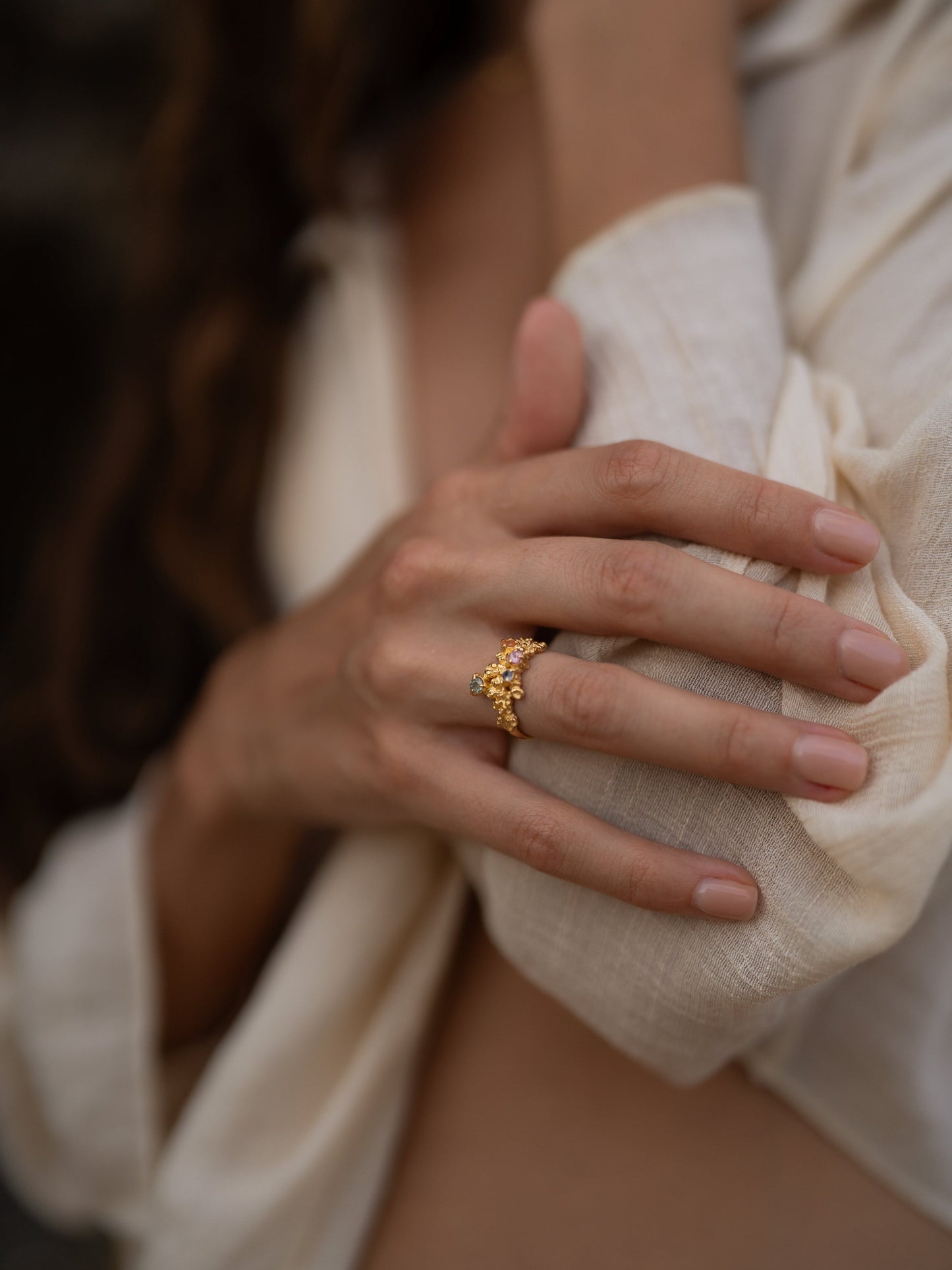 Coral Ring Gold #12 with candy coloured Sapphires - size 6
