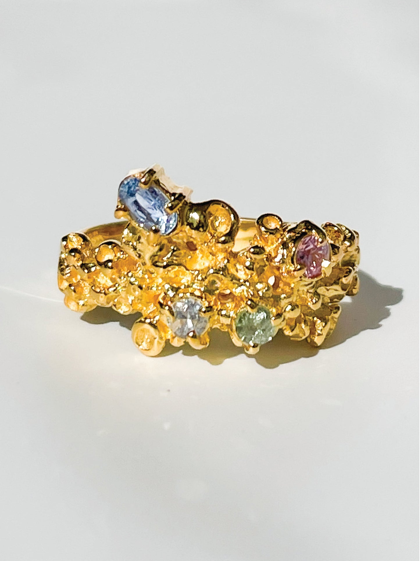 Coral Ring Gold #13 with candy coloured Sapphires - size 6.5